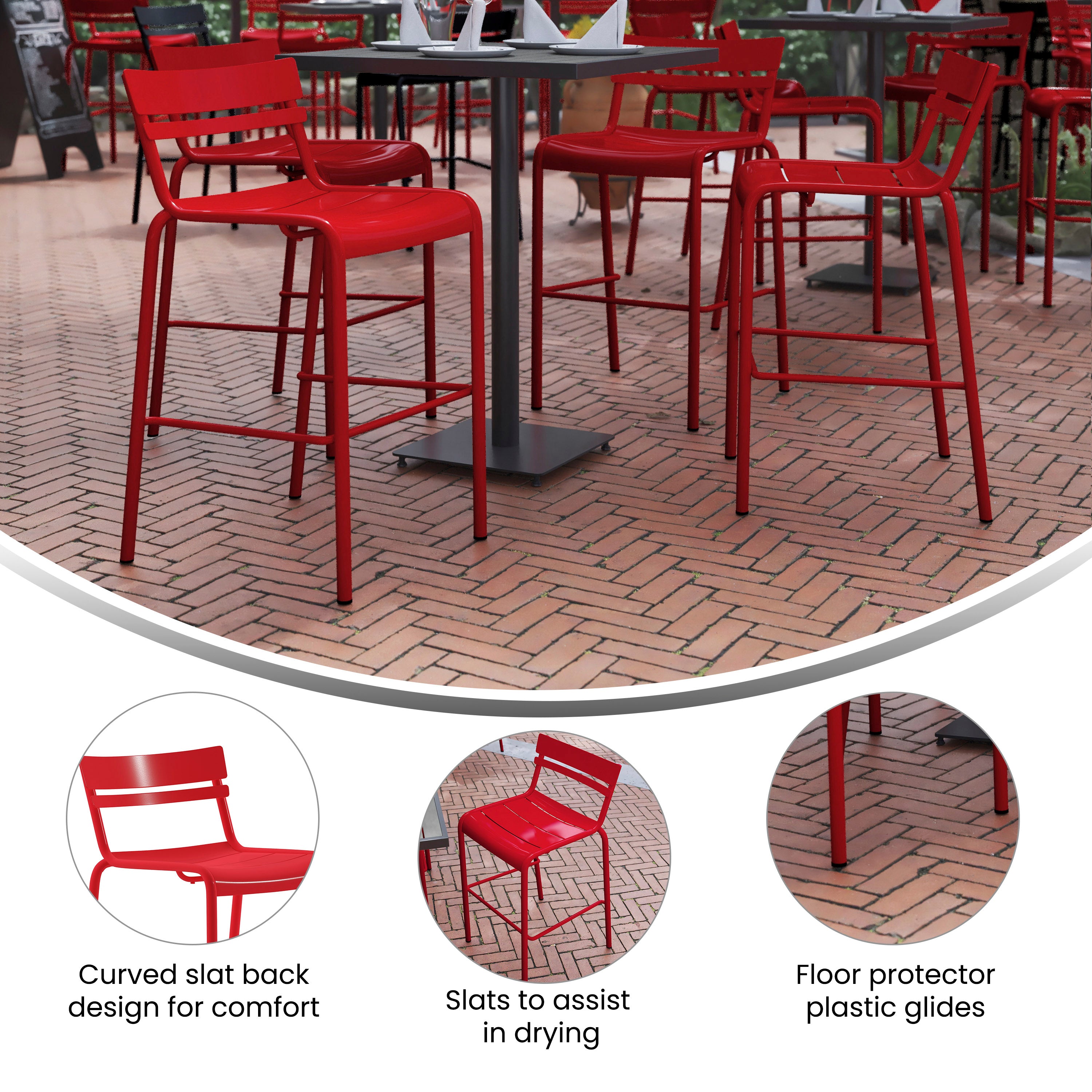 Nash Commercial Grade Red Metal Indoor-Outdoor Bar Height Stool with 2 Slats