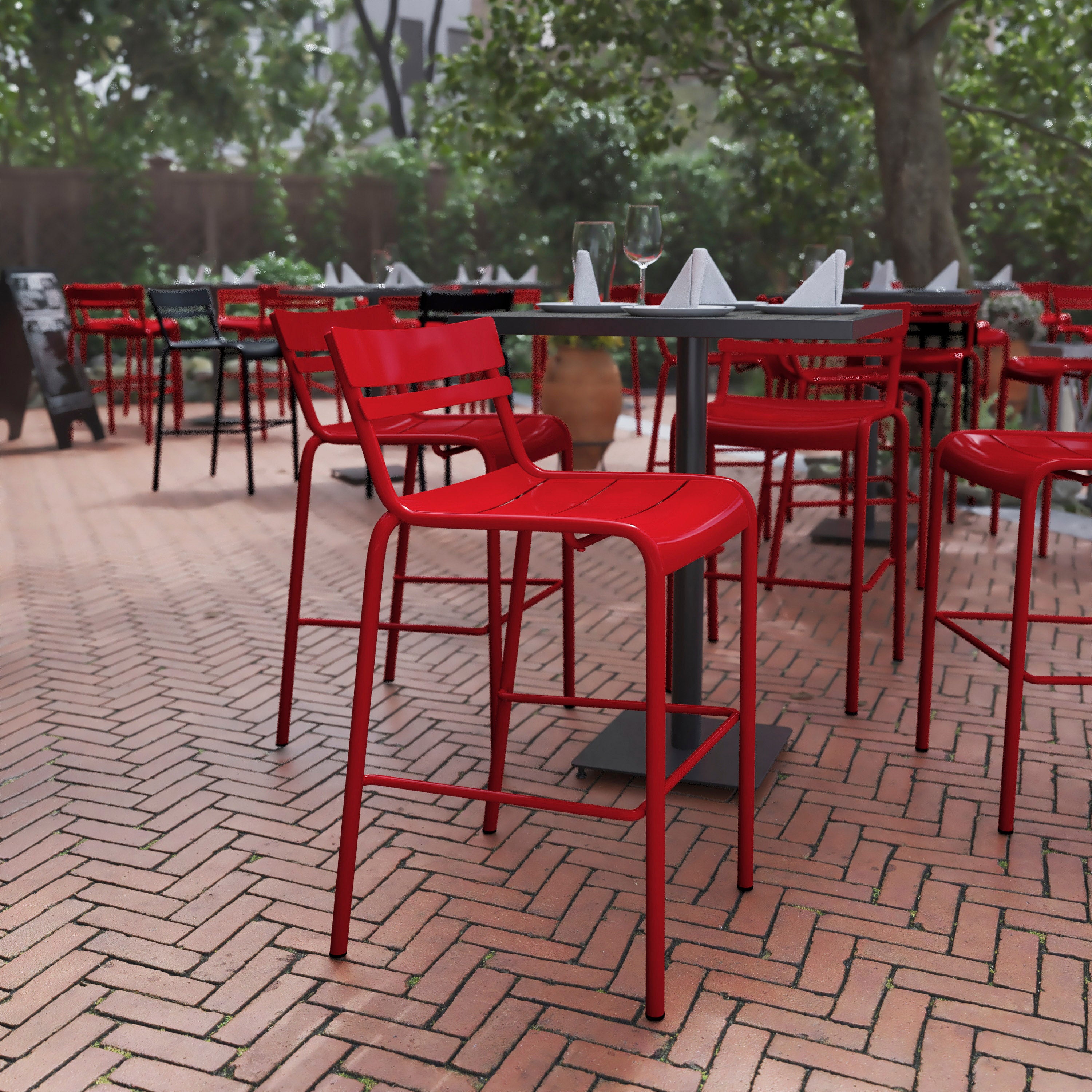 Nash Commercial Grade Red Metal Indoor-Outdoor Bar Height Stool with 2 Slats