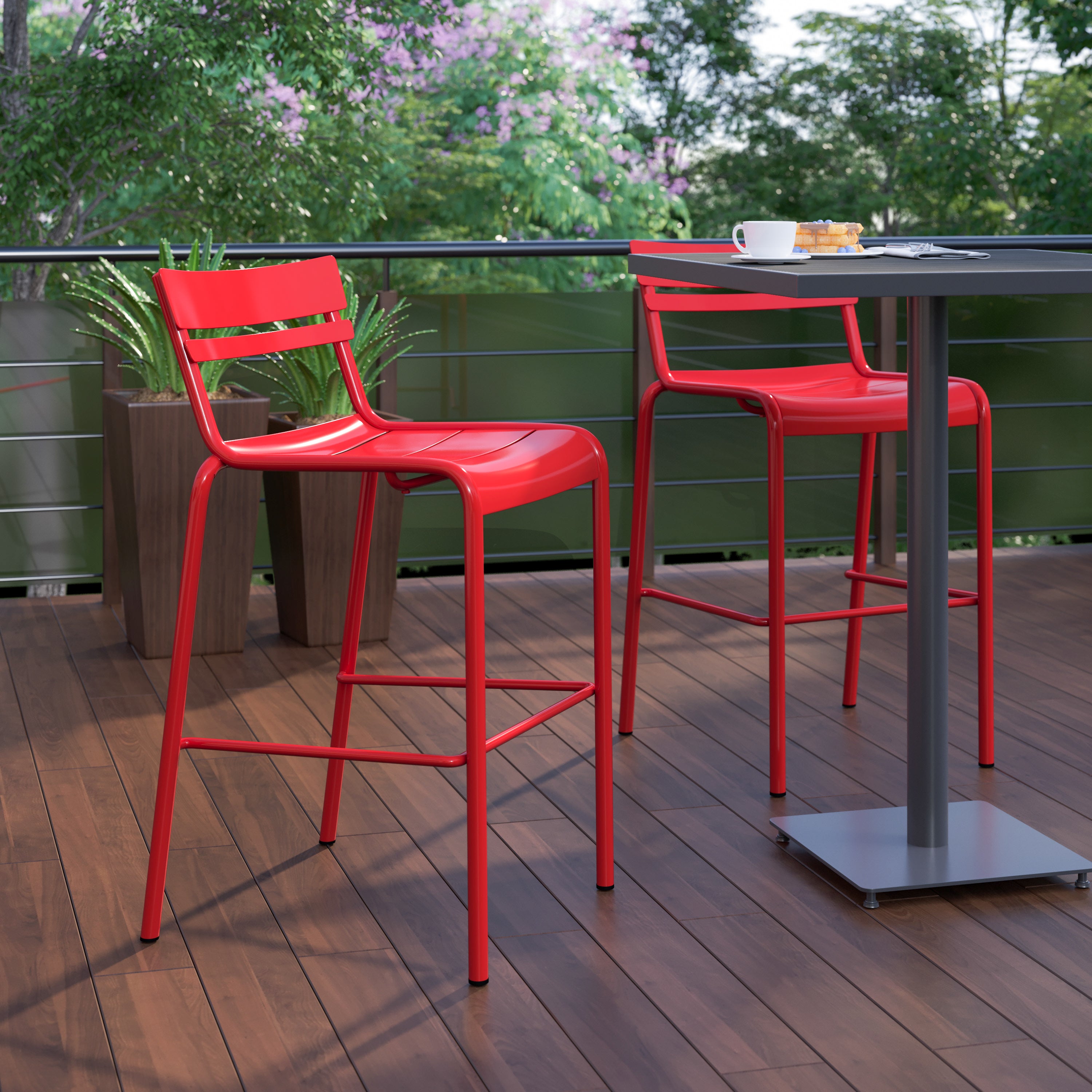 Nash Commercial Grade Red Metal Indoor-Outdoor Bar Height Stool with 2 Slats