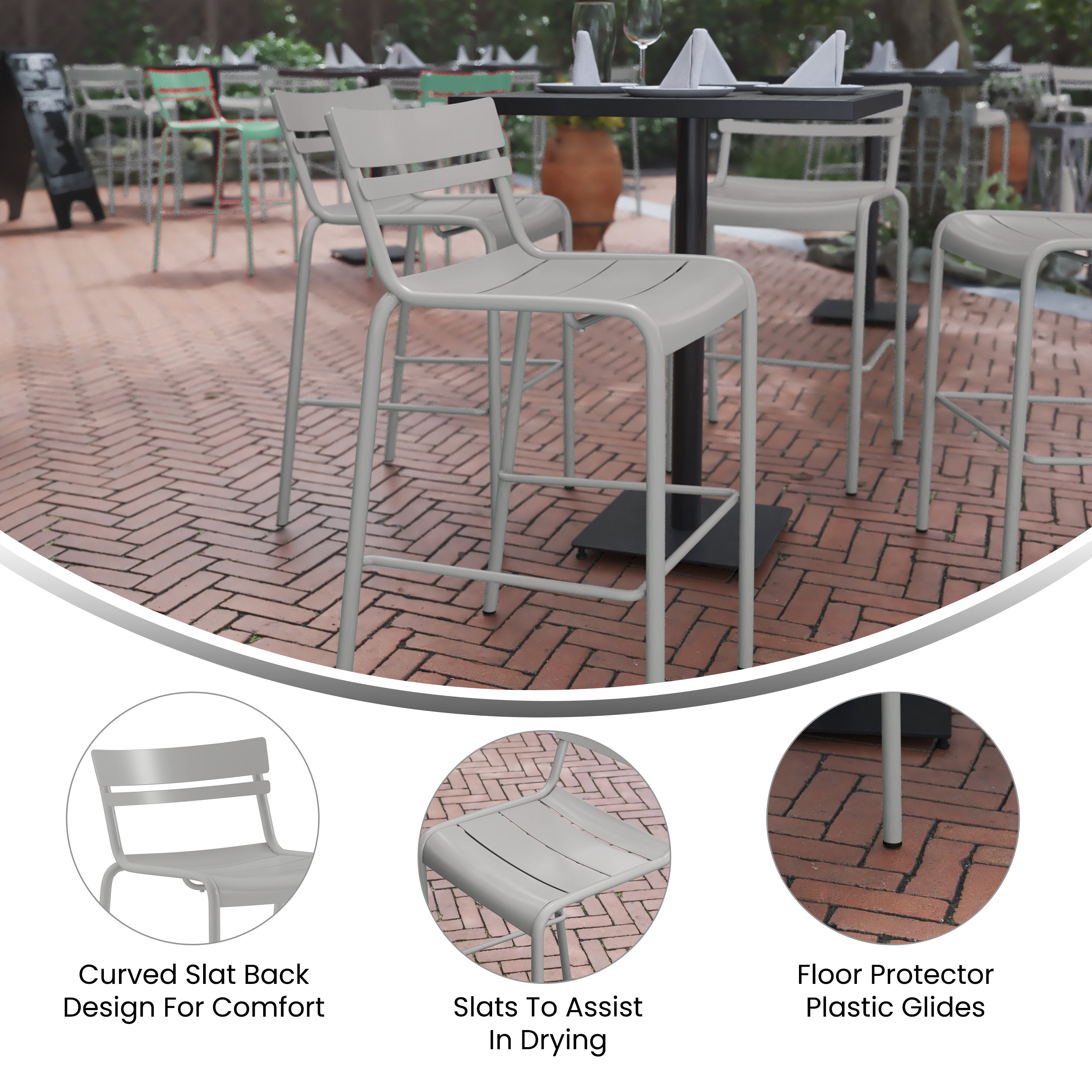 Nash Commercial Grade Silver Metal Indoor-Outdoor Bar Height Stool with 2 Slats