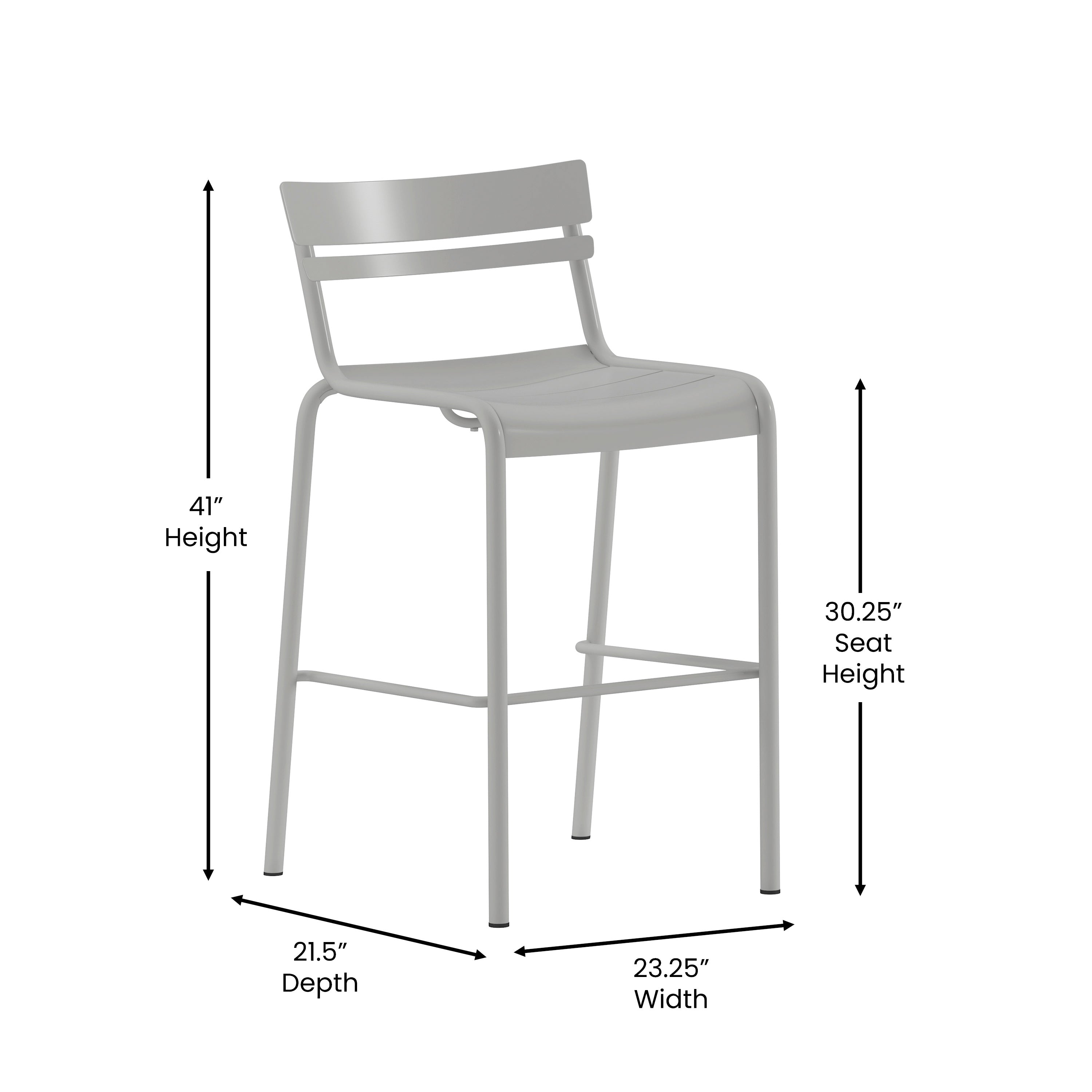 Nash Commercial Grade Silver Metal Indoor-Outdoor Bar Height Stool with 2 Slats