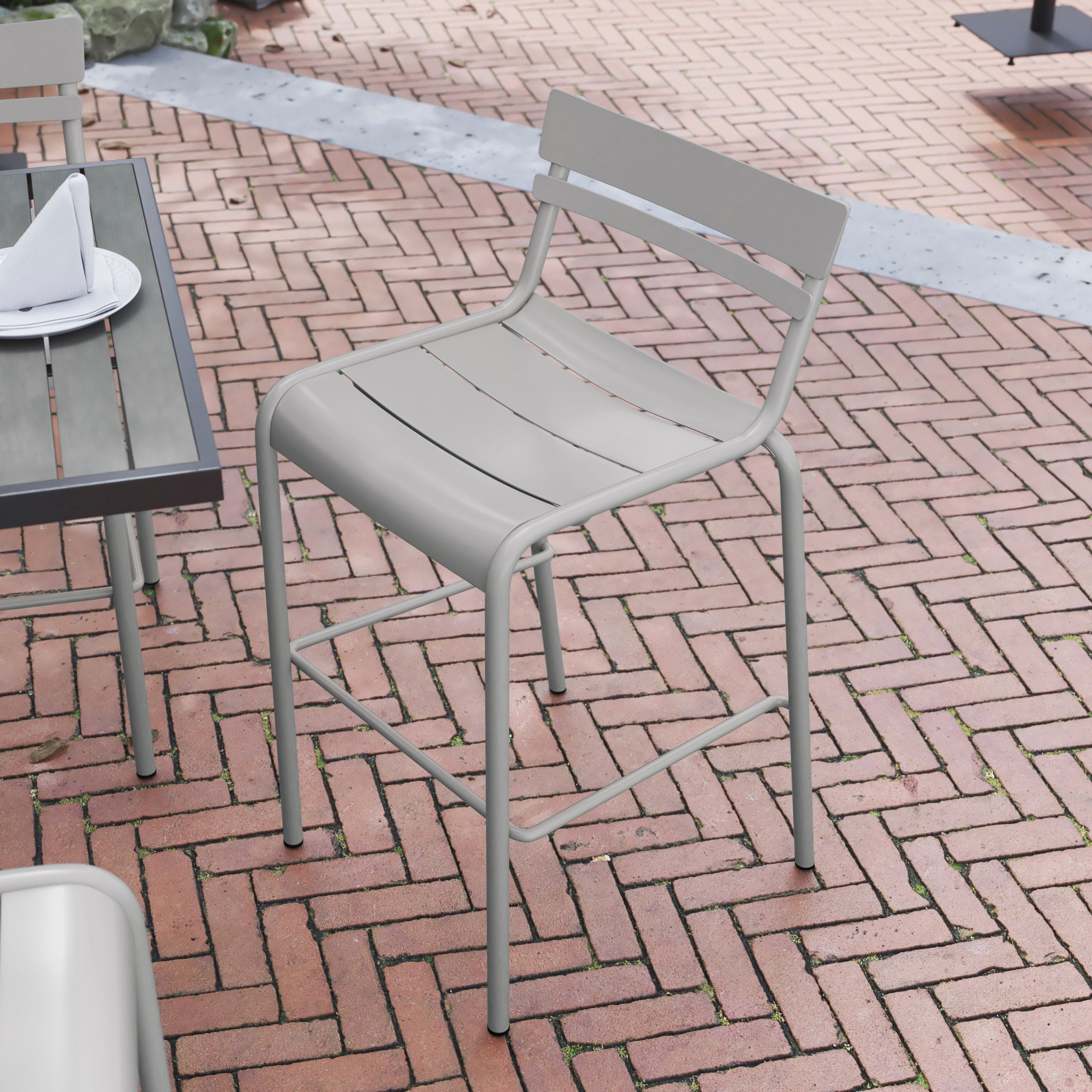 Nash Commercial Grade Silver Metal Indoor-Outdoor Bar Height Stool with 2 Slats