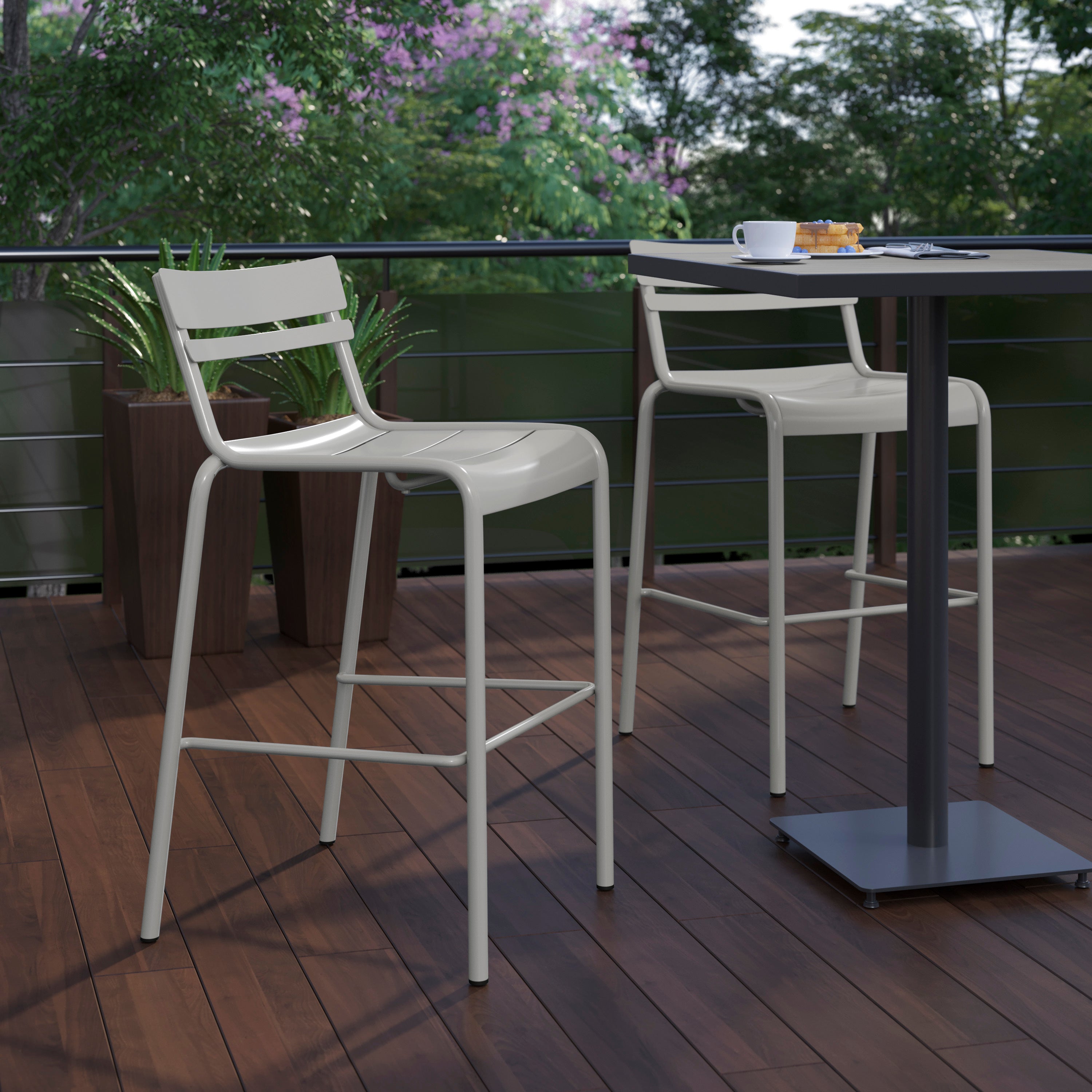 Nash Commercial Grade Silver Metal Indoor-Outdoor Bar Height Stool with 2 Slats