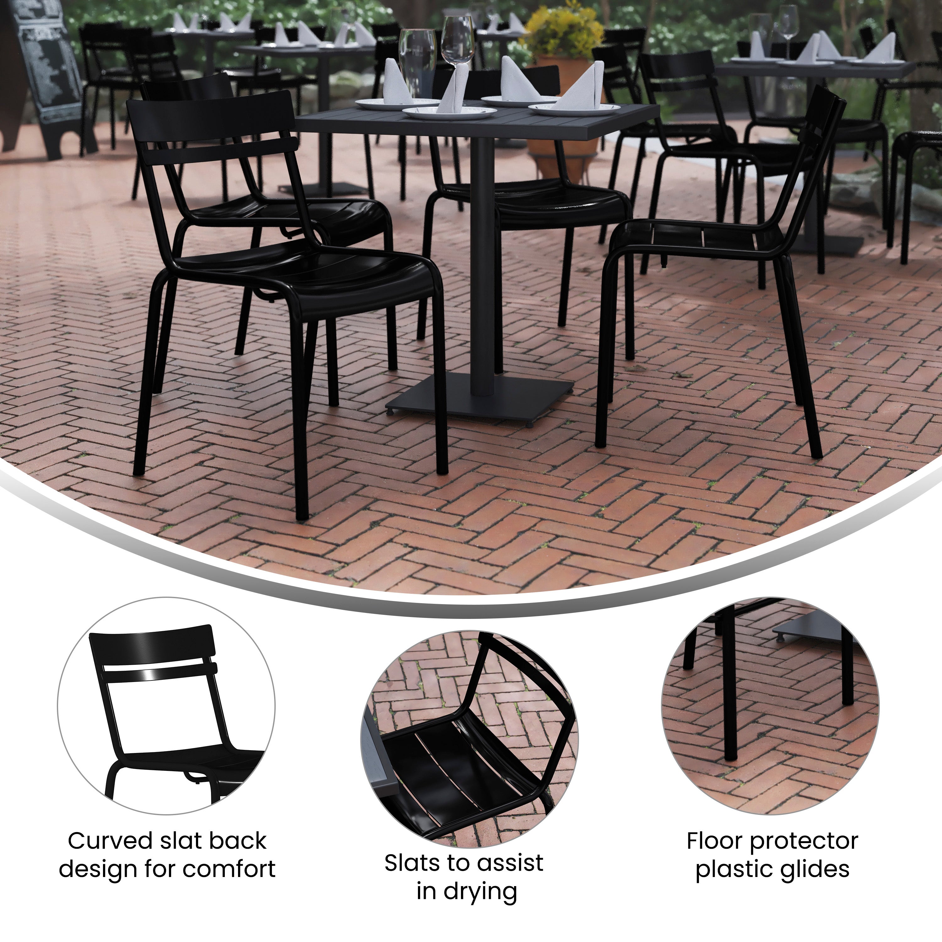 Nash Commercial Grade Steel Stack Chair, Indoor-Outdoor Armless Chair with 2 Slat Back in Black