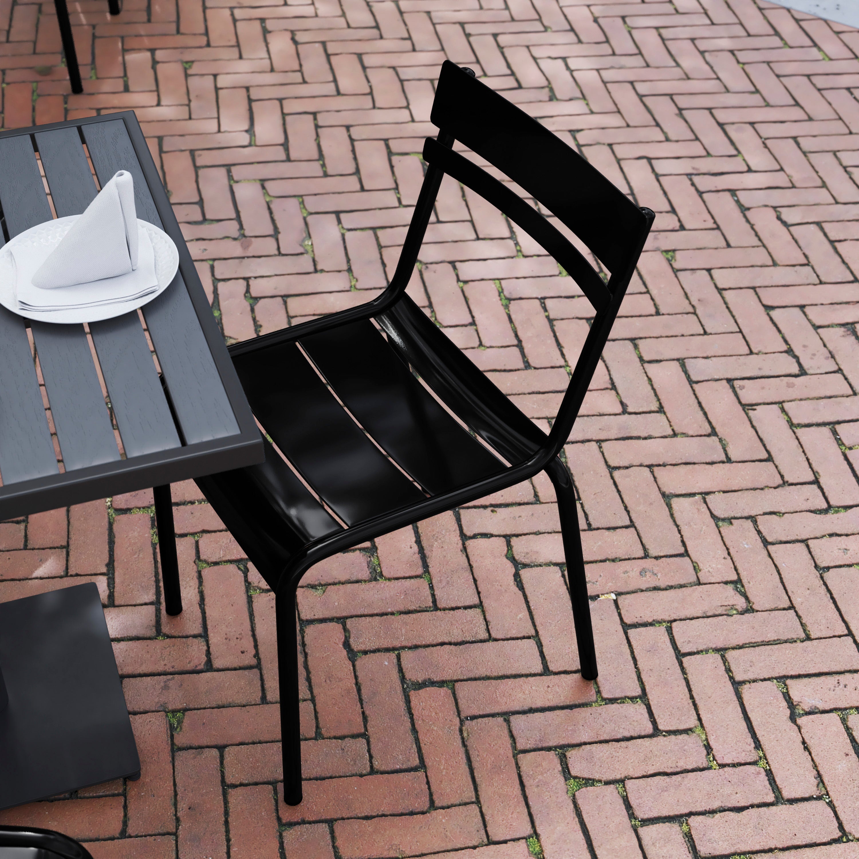 Nash Commercial Grade Steel Stack Chair, Indoor-Outdoor Armless Chair with 2 Slat Back in Black