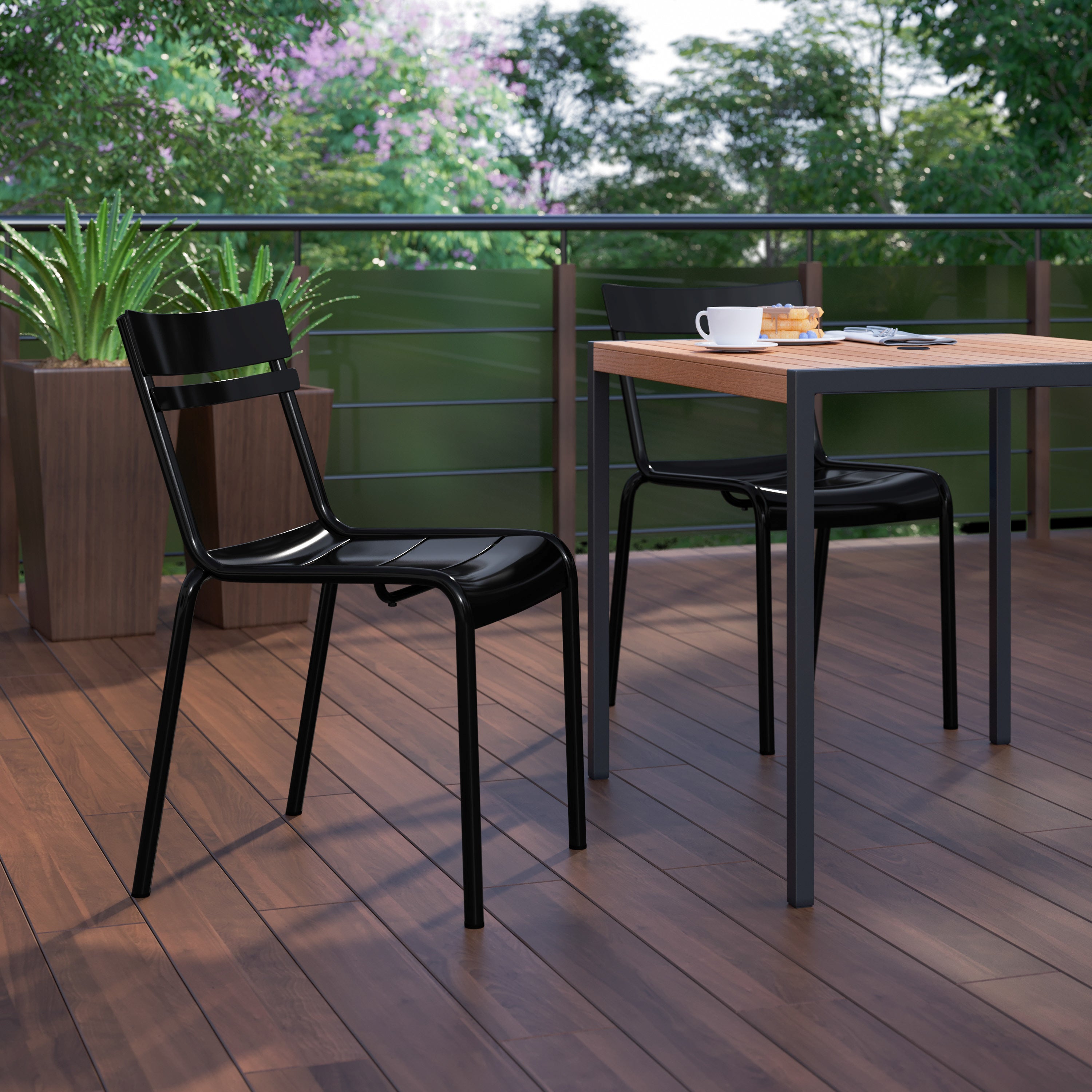 Nash Commercial Grade Steel Stack Chair, Indoor-Outdoor Armless Chair with 2 Slat Back in Black