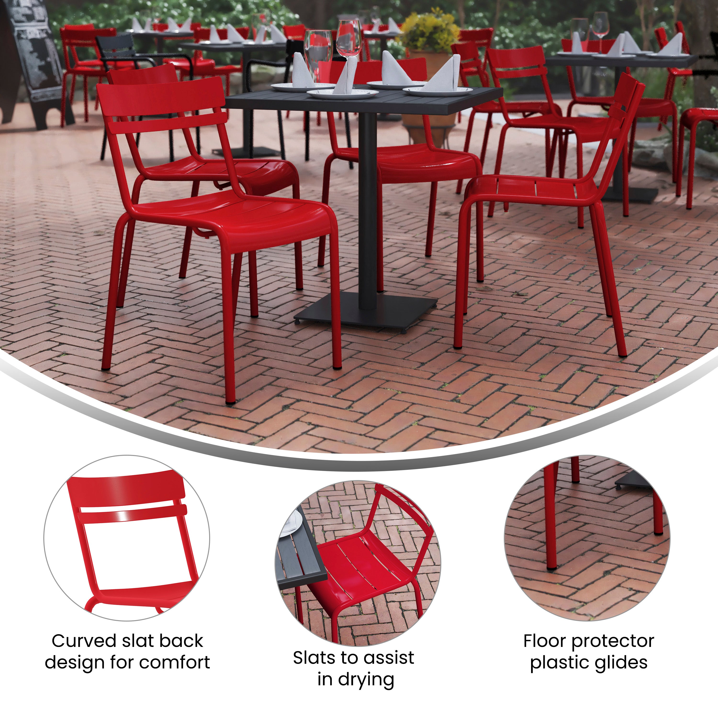 Nash Commercial Grade Steel Stack Chair, Indoor-Outdoor Armless Chair with 2 Slat Back in Red
