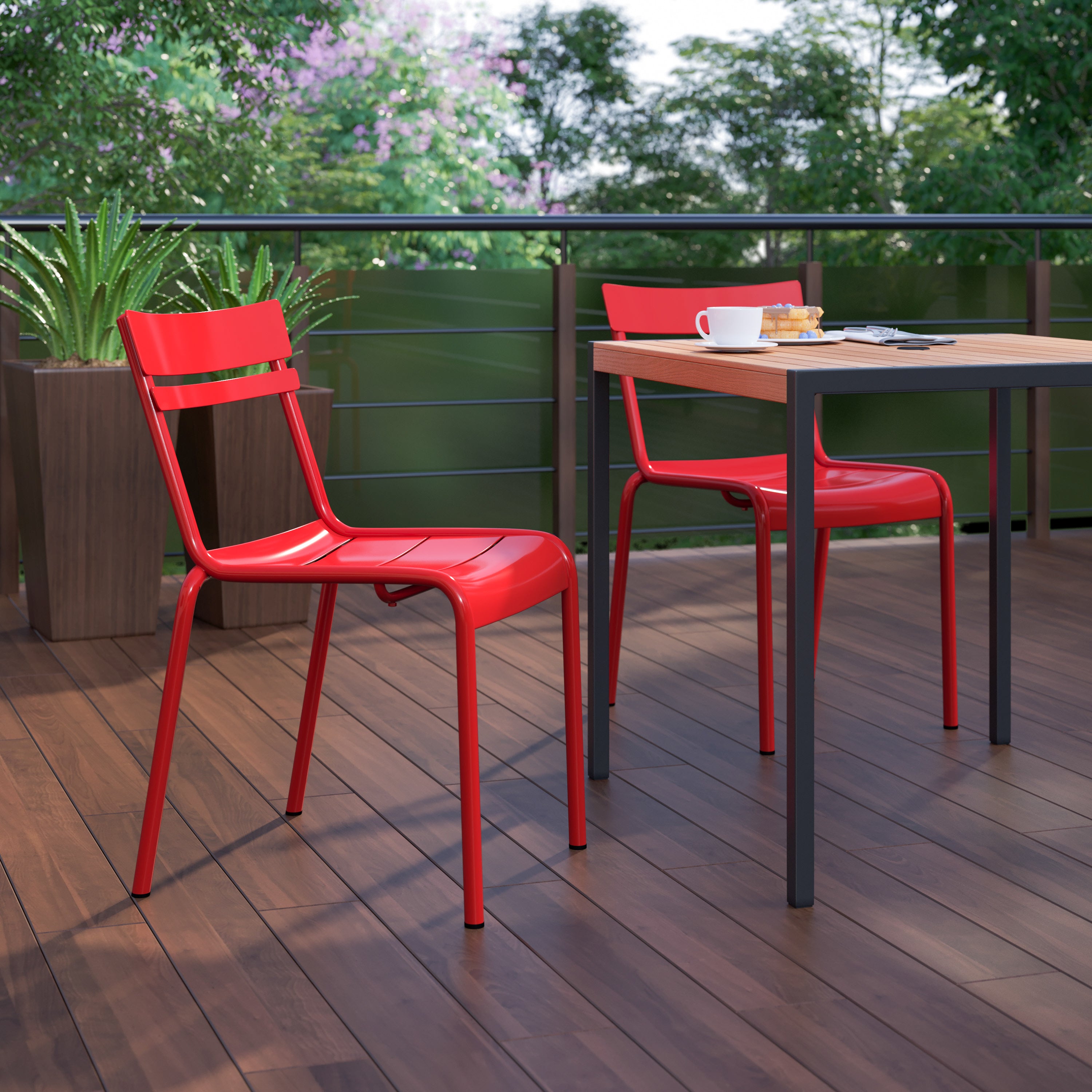 Nash Commercial Grade Steel Stack Chair, Indoor-Outdoor Armless Chair with 2 Slat Back in Red