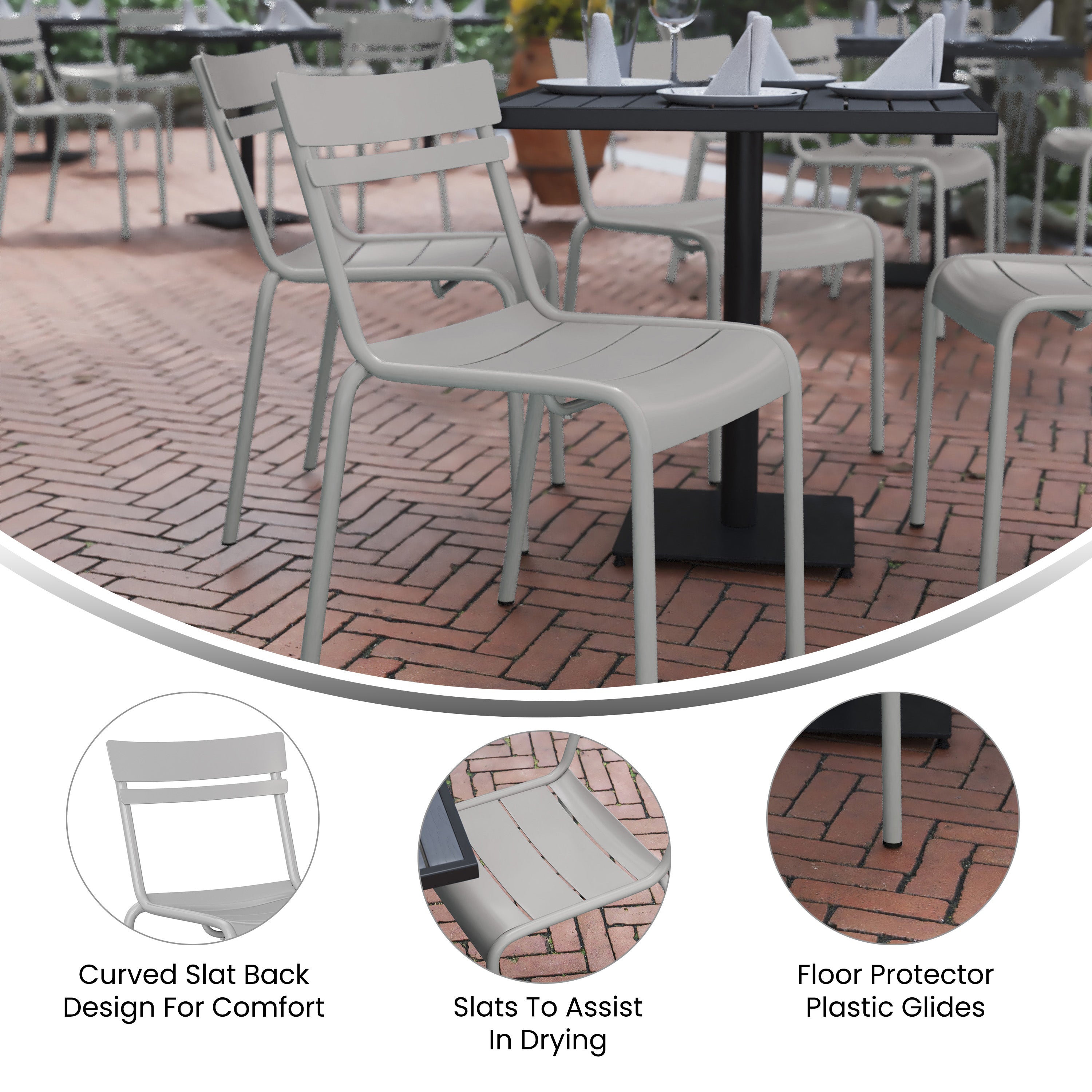 Nash Commercial Grade Steel Stack Chair, Indoor-Outdoor Armless Chair with 2 Slat Back in Quicksilver