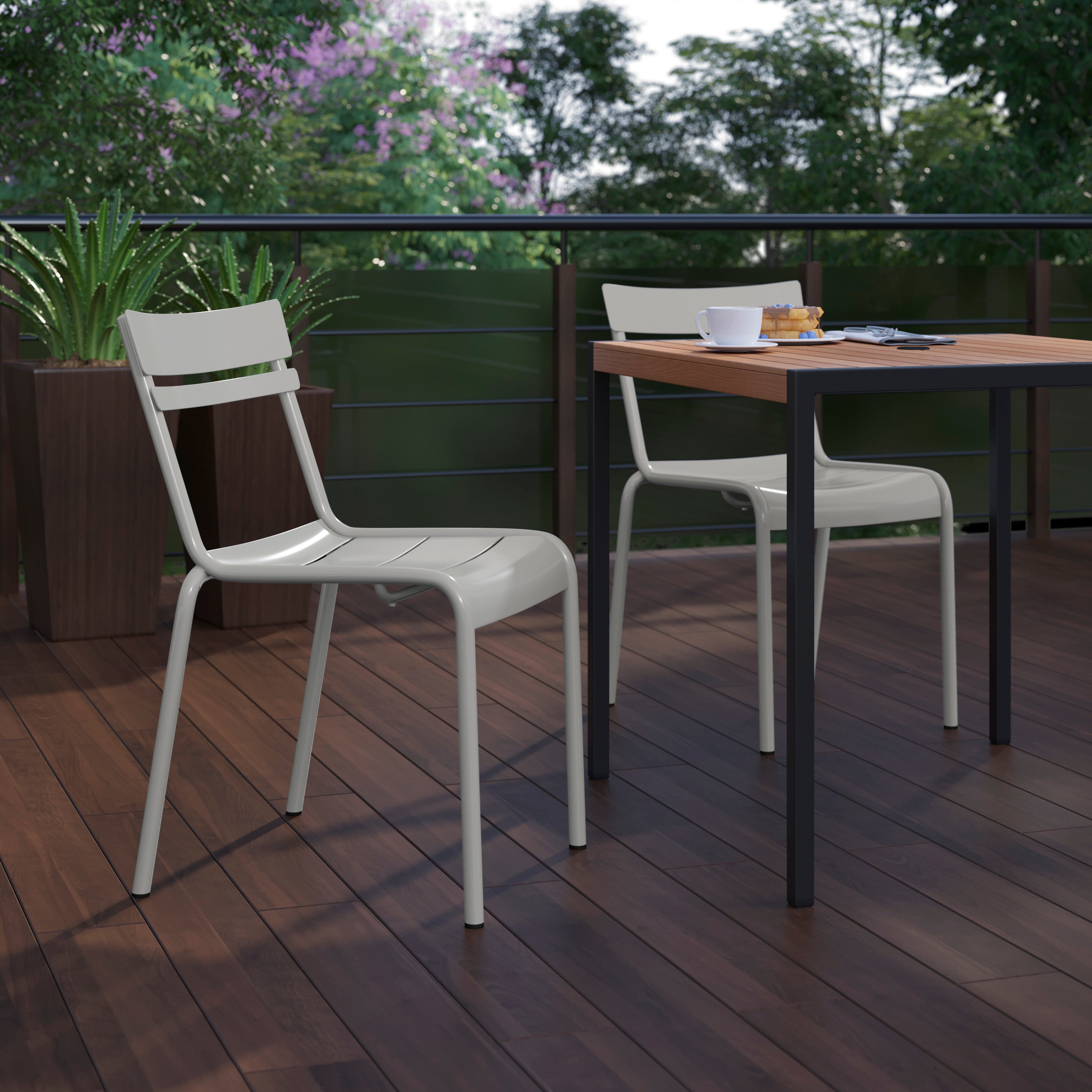 Nash Commercial Grade Steel Stack Chair, Indoor-Outdoor Armless Chair with 2 Slat Back in Quicksilver