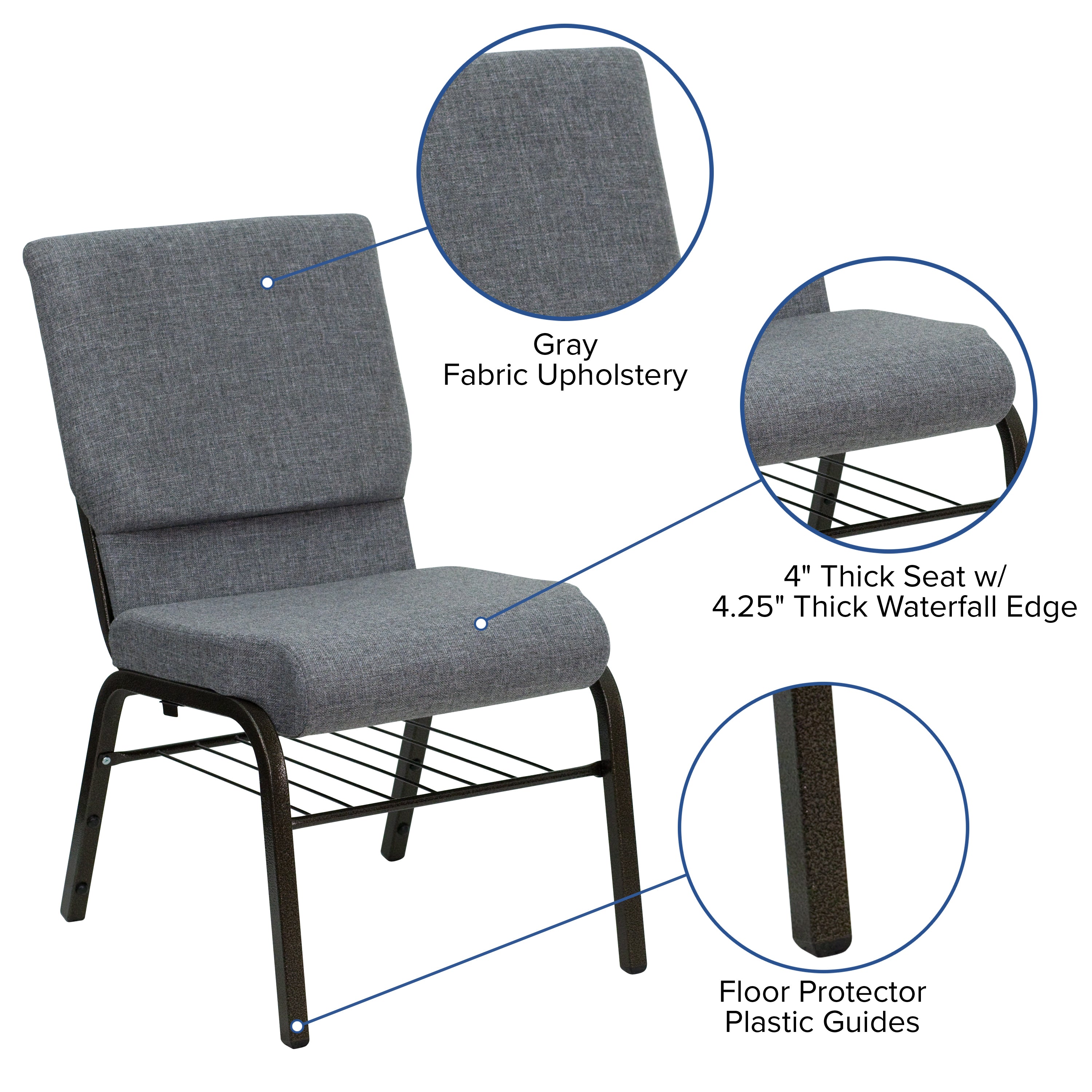 HERCULES Series 18.5''W Church Chair in Gray Fabric with Book Rack - Gold Vein Frame