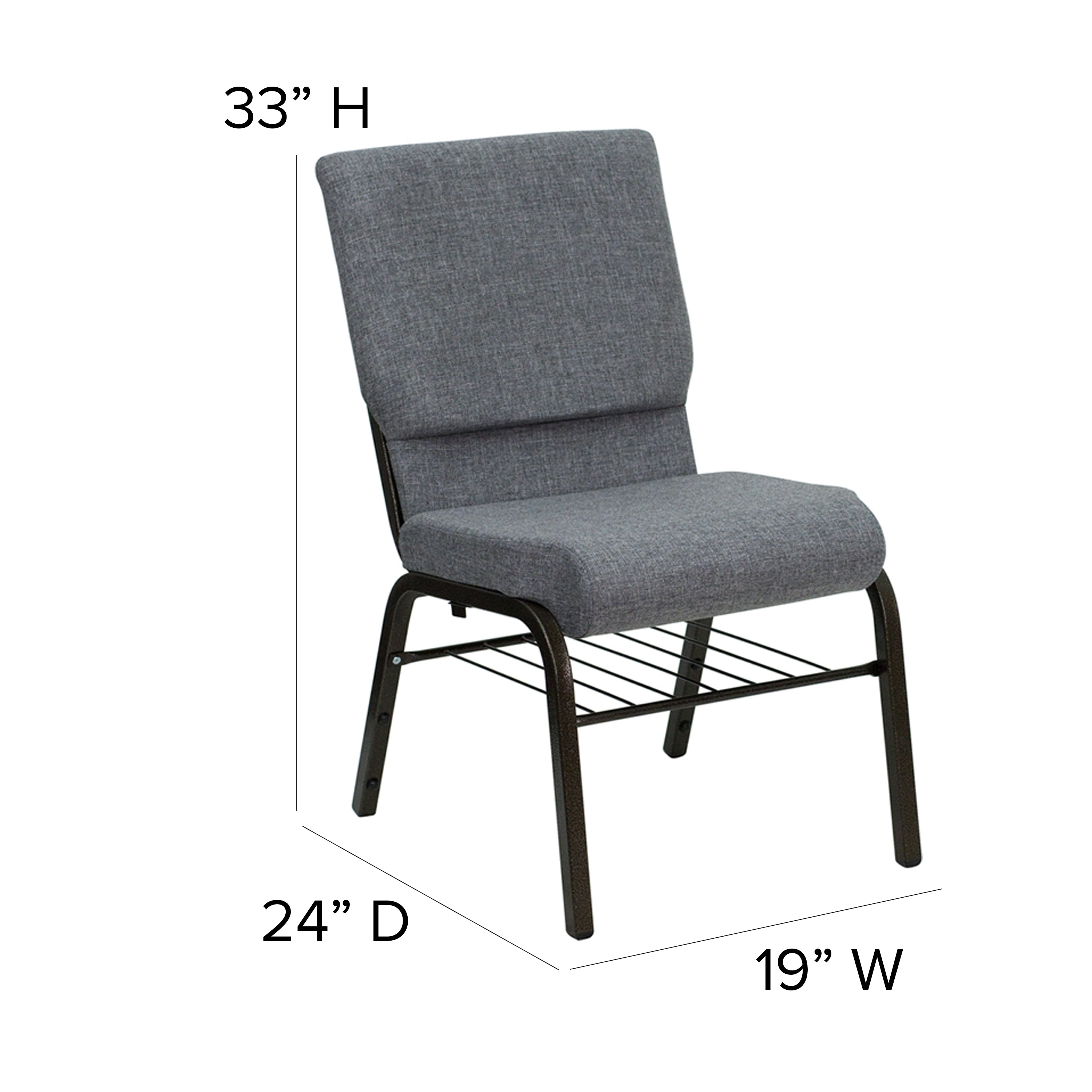 HERCULES Series 18.5''W Church Chair in Gray Fabric with Book Rack - Gold Vein Frame