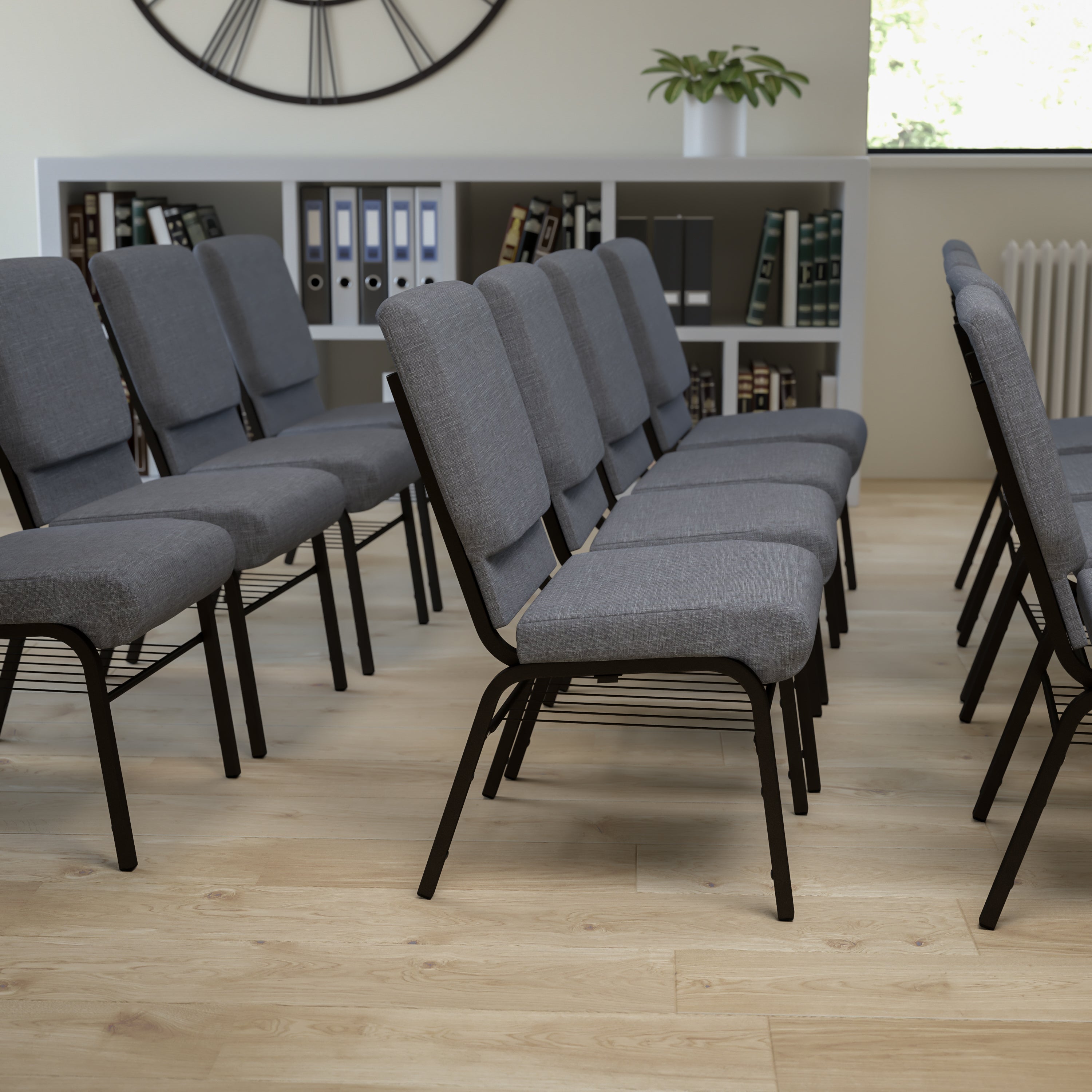 HERCULES Series 18.5''W Church Chair in Gray Fabric with Book Rack - Gold Vein Frame