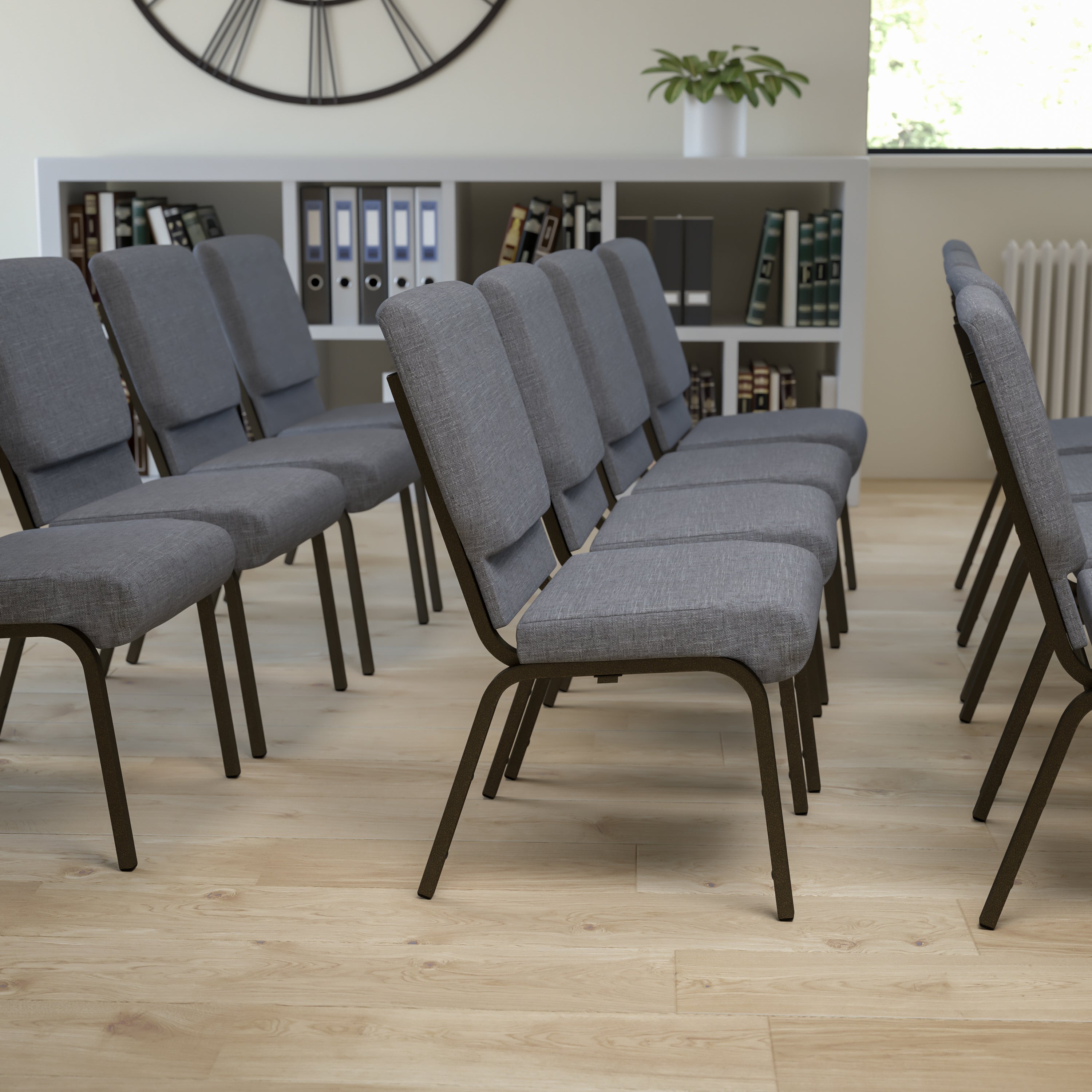 HERCULES Series 18.5''W Stacking Church Chair in Gray Fabric - Gold Vein Frame