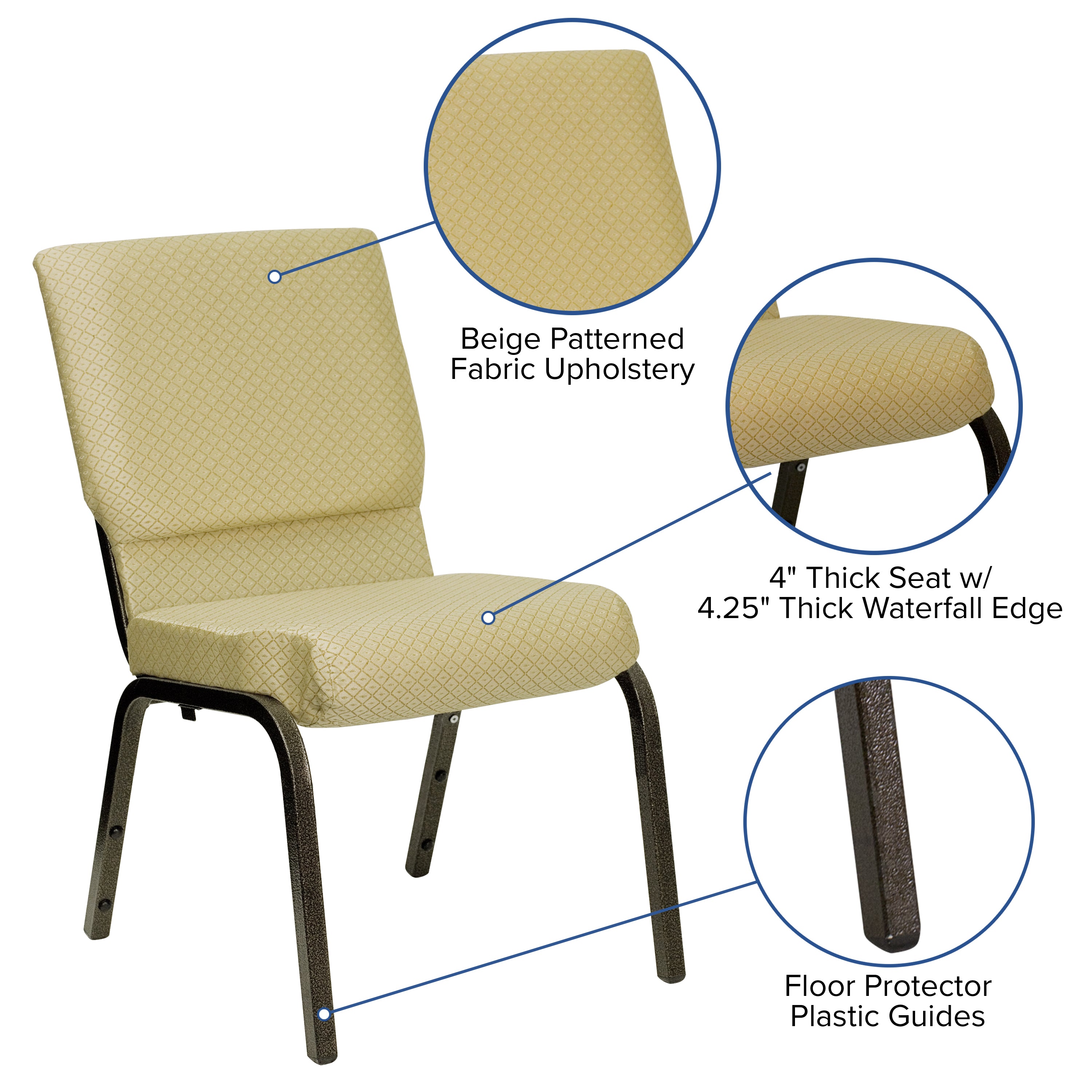 HERCULES Series 18.5''W Stacking Church Chair in Beige Patterned Fabric - Gold Vein Frame