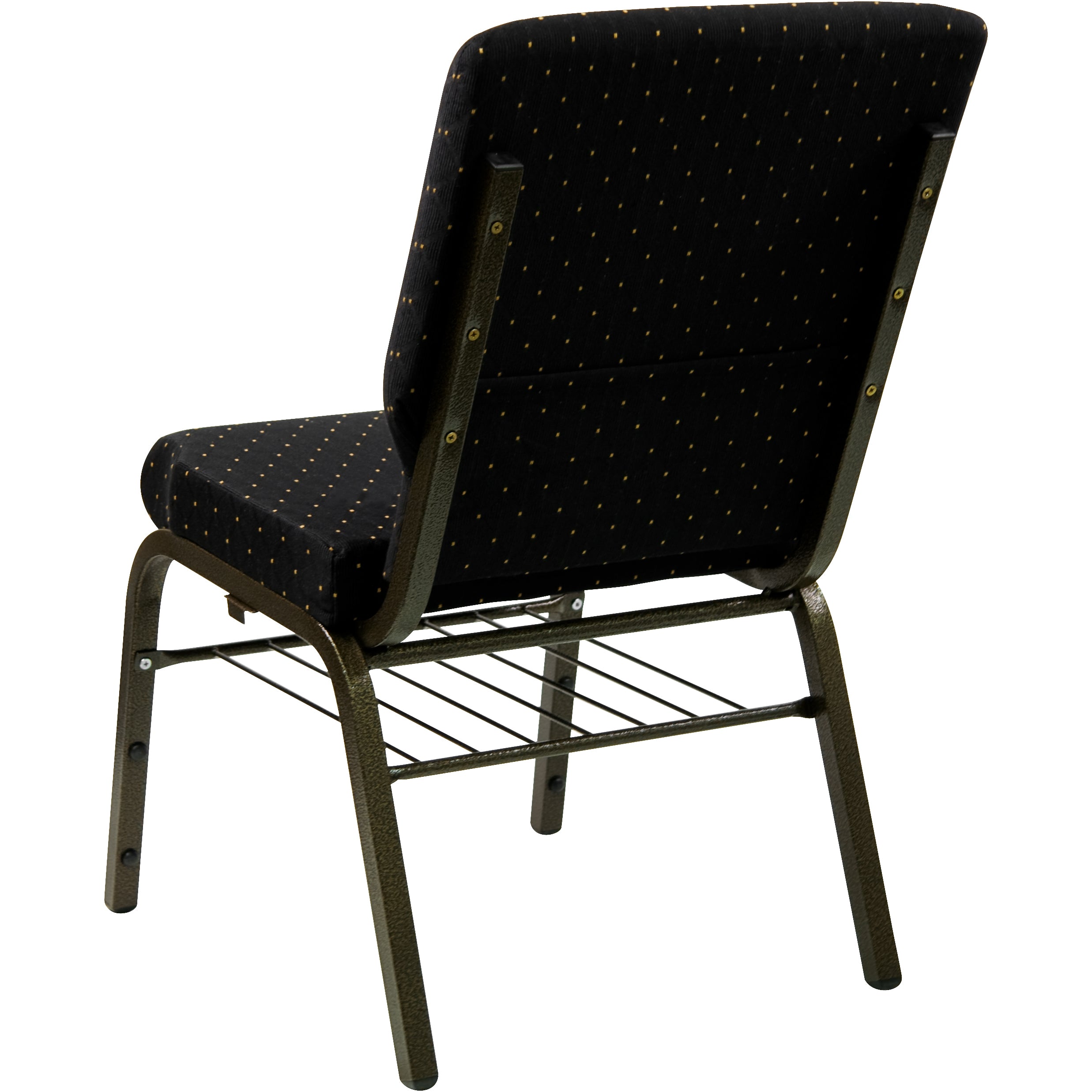 HERCULES Series 18.5''W Church Chair in Black Dot Patterned Fabric with Book Rack - Gold Vein Frame