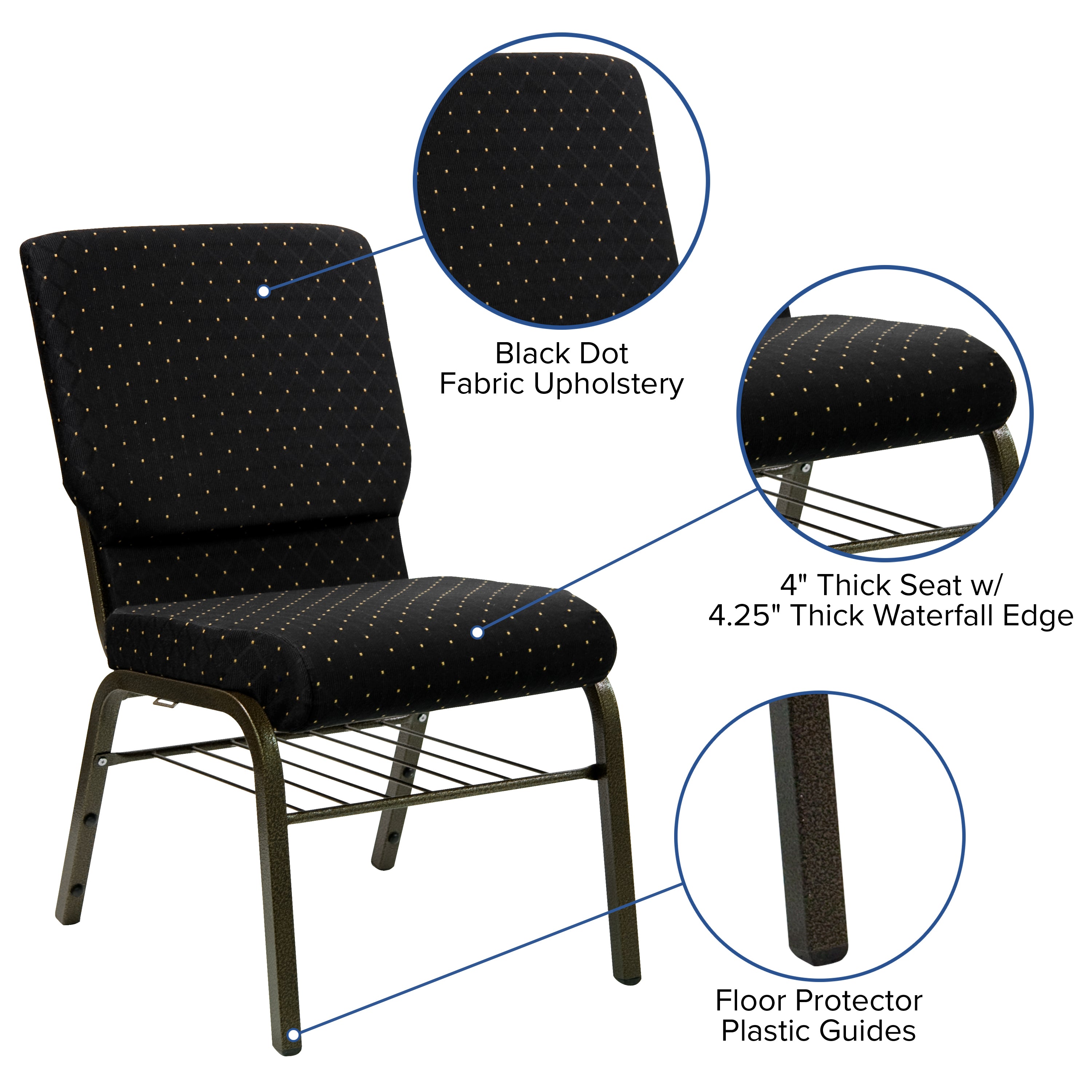 HERCULES Series 18.5''W Church Chair in Black Dot Patterned Fabric with Book Rack - Gold Vein Frame