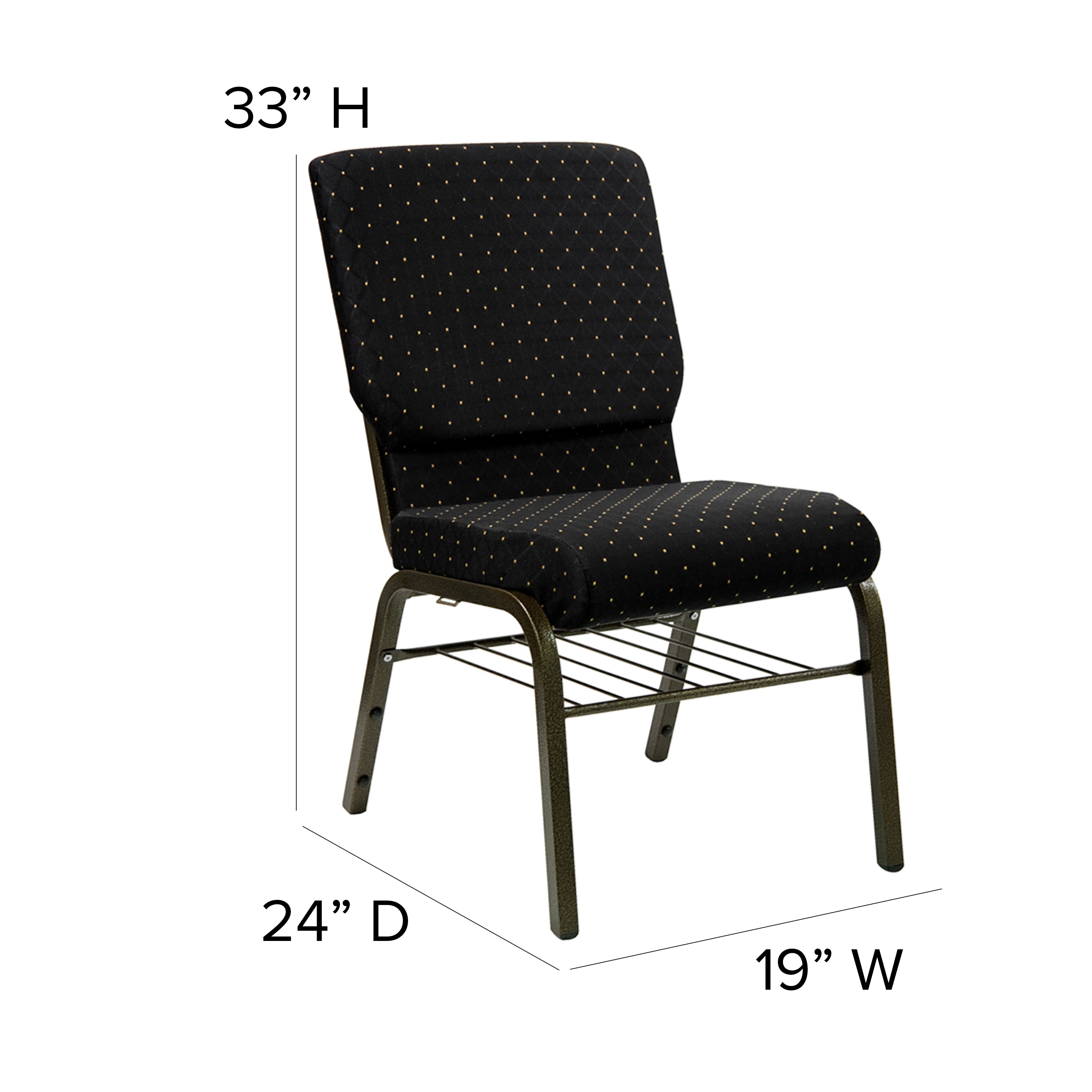 HERCULES Series 18.5''W Church Chair in Black Dot Patterned Fabric with Book Rack - Gold Vein Frame