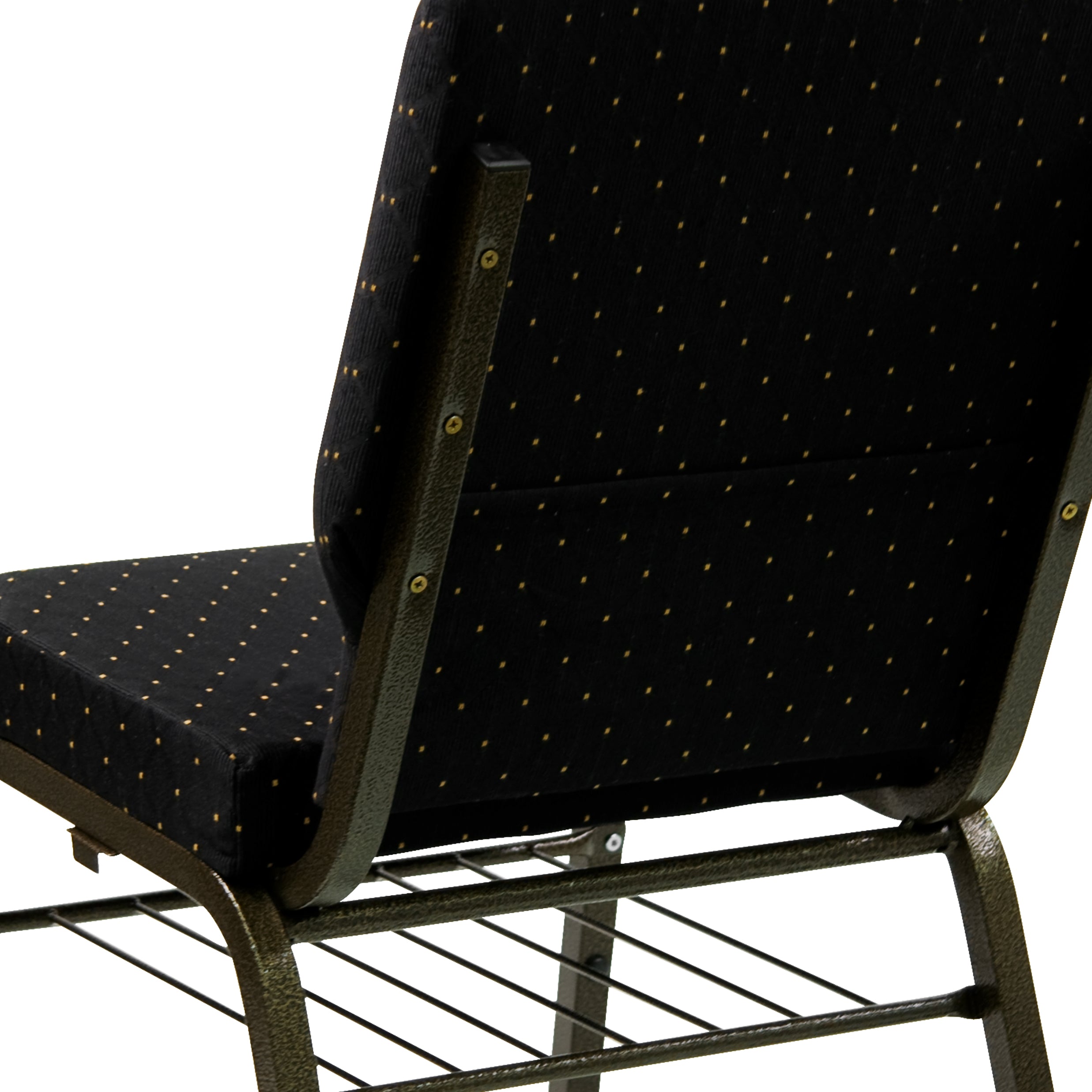 HERCULES Series 18.5''W Church Chair in Black Dot Patterned Fabric with Book Rack - Gold Vein Frame
