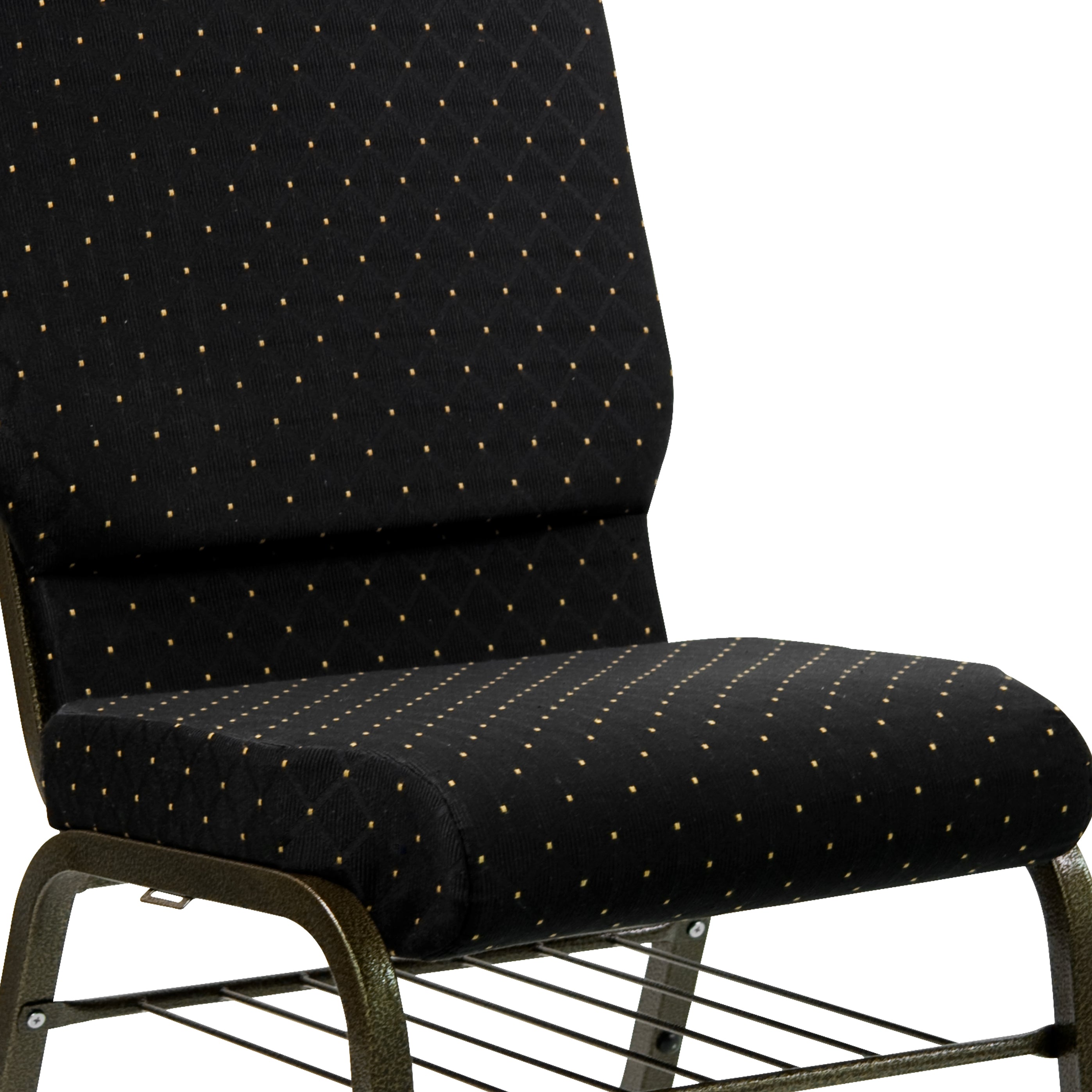 HERCULES Series 18.5''W Church Chair in Black Dot Patterned Fabric with Book Rack - Gold Vein Frame