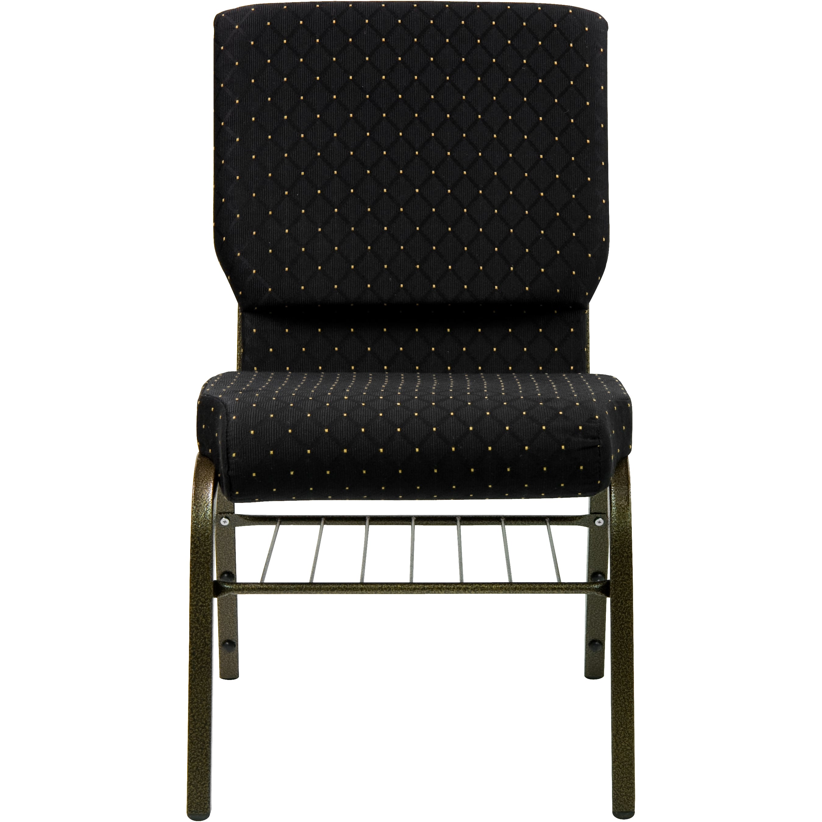 HERCULES Series 18.5''W Church Chair in Black Dot Patterned Fabric with Book Rack - Gold Vein Frame