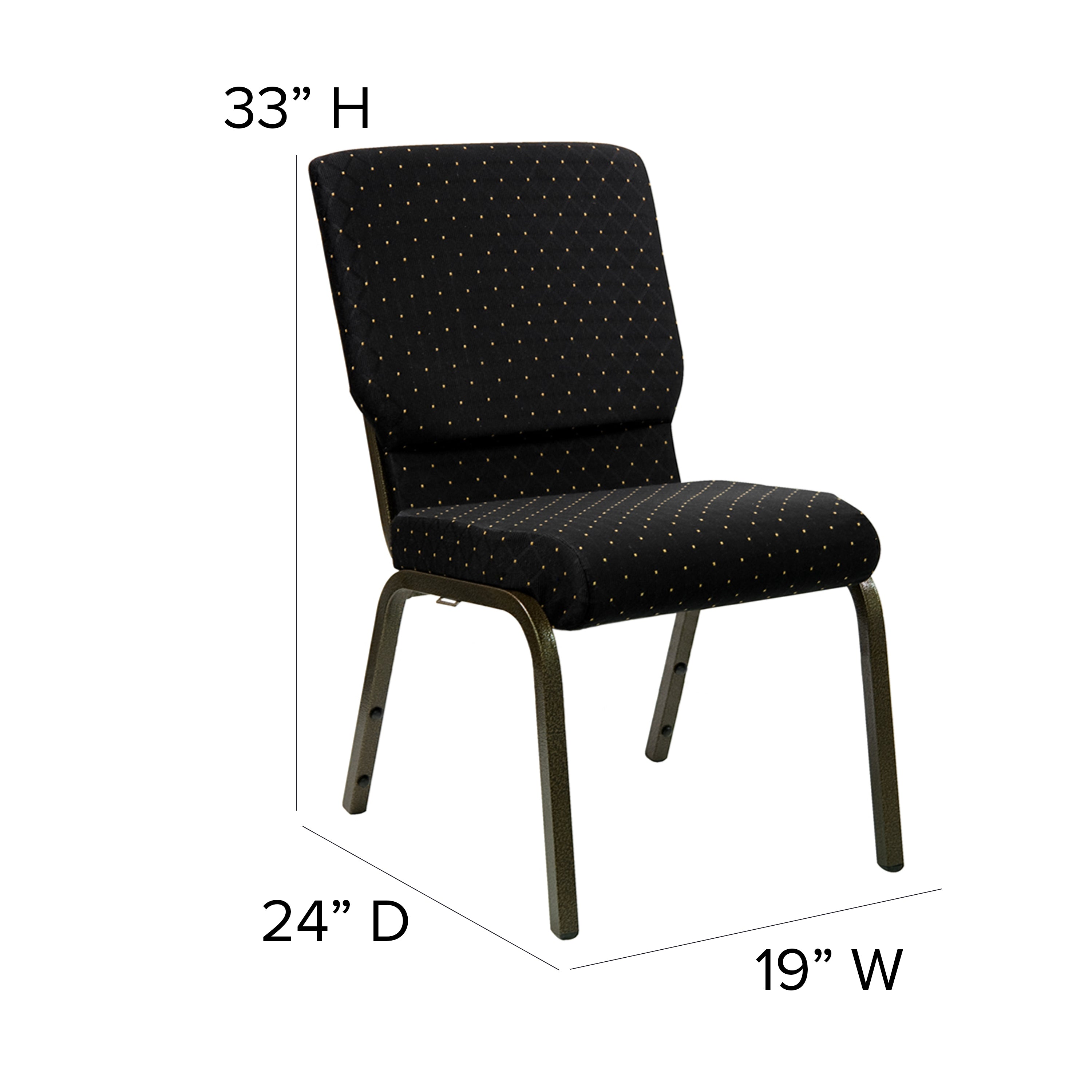HERCULES Series 18.5''W Stacking Church Chair in Black Dot Patterned Fabric - Gold Vein Frame