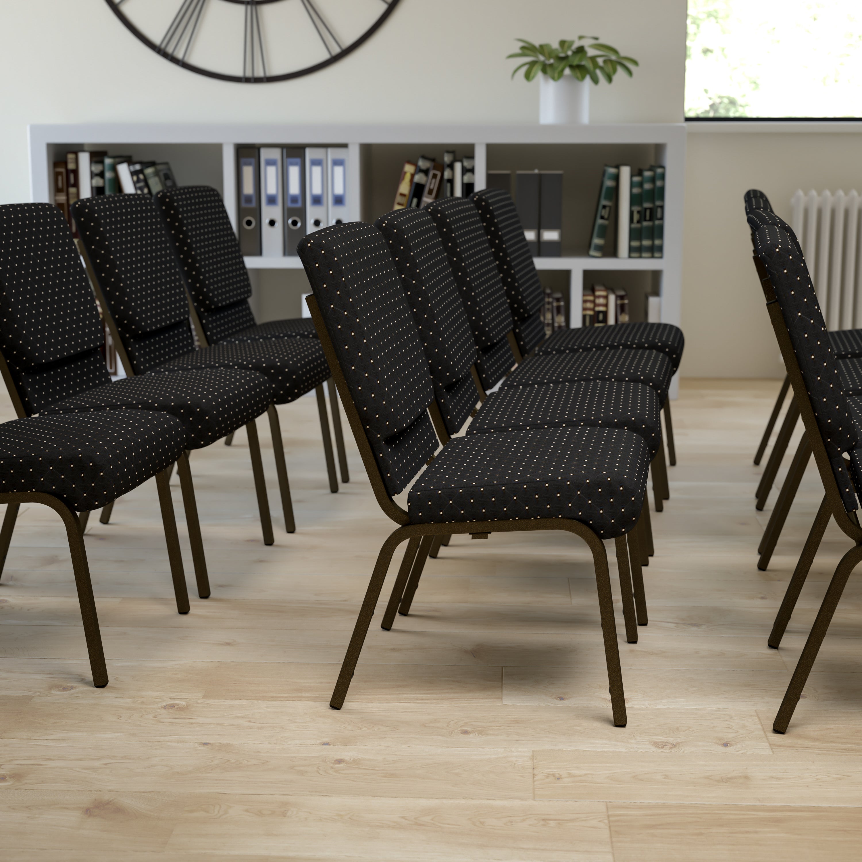 HERCULES Series 18.5''W Stacking Church Chair in Black Dot Patterned Fabric - Gold Vein Frame