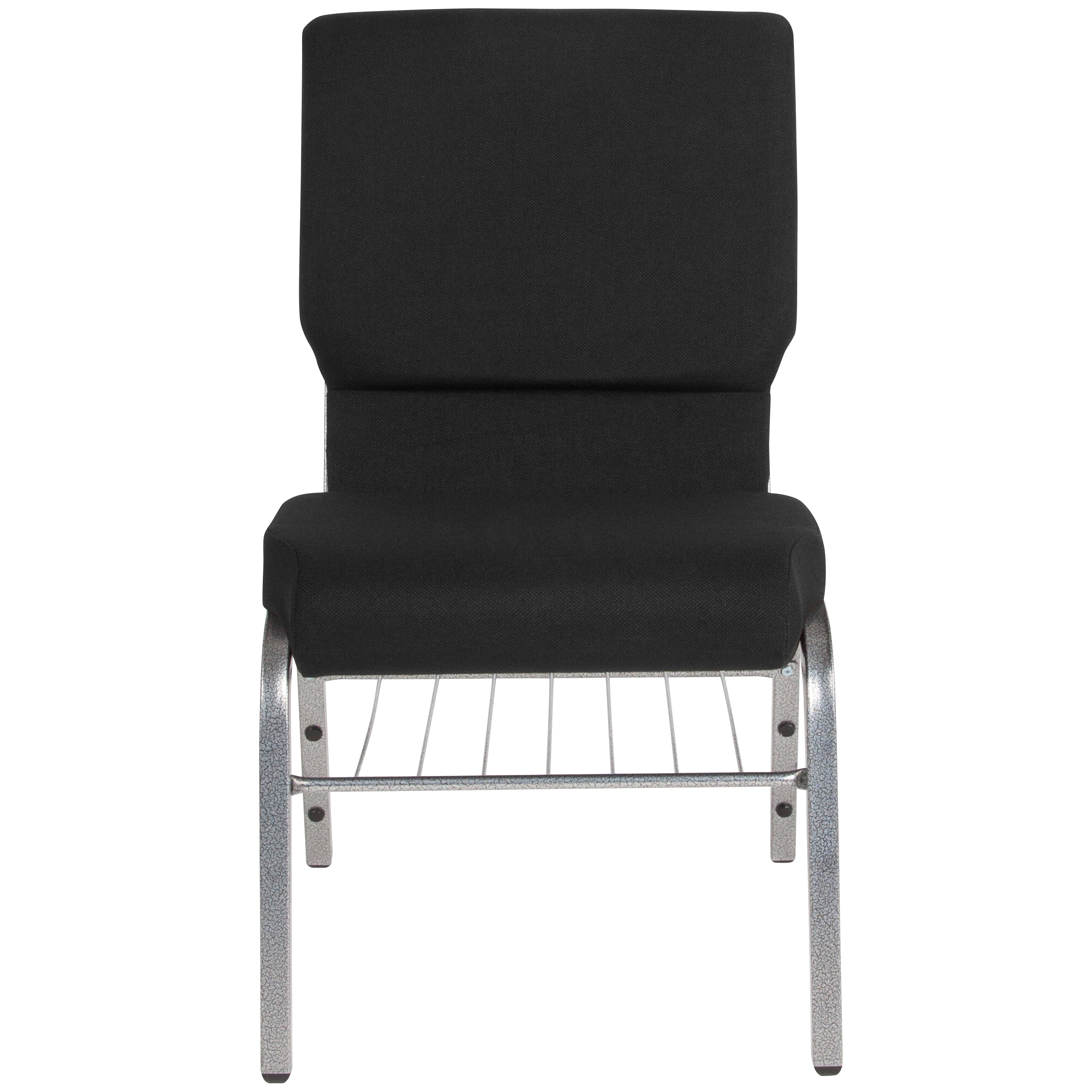 HERCULES Series 18.5''W Church Chair in Black Fabric with Book Rack - Silver Vein Frame