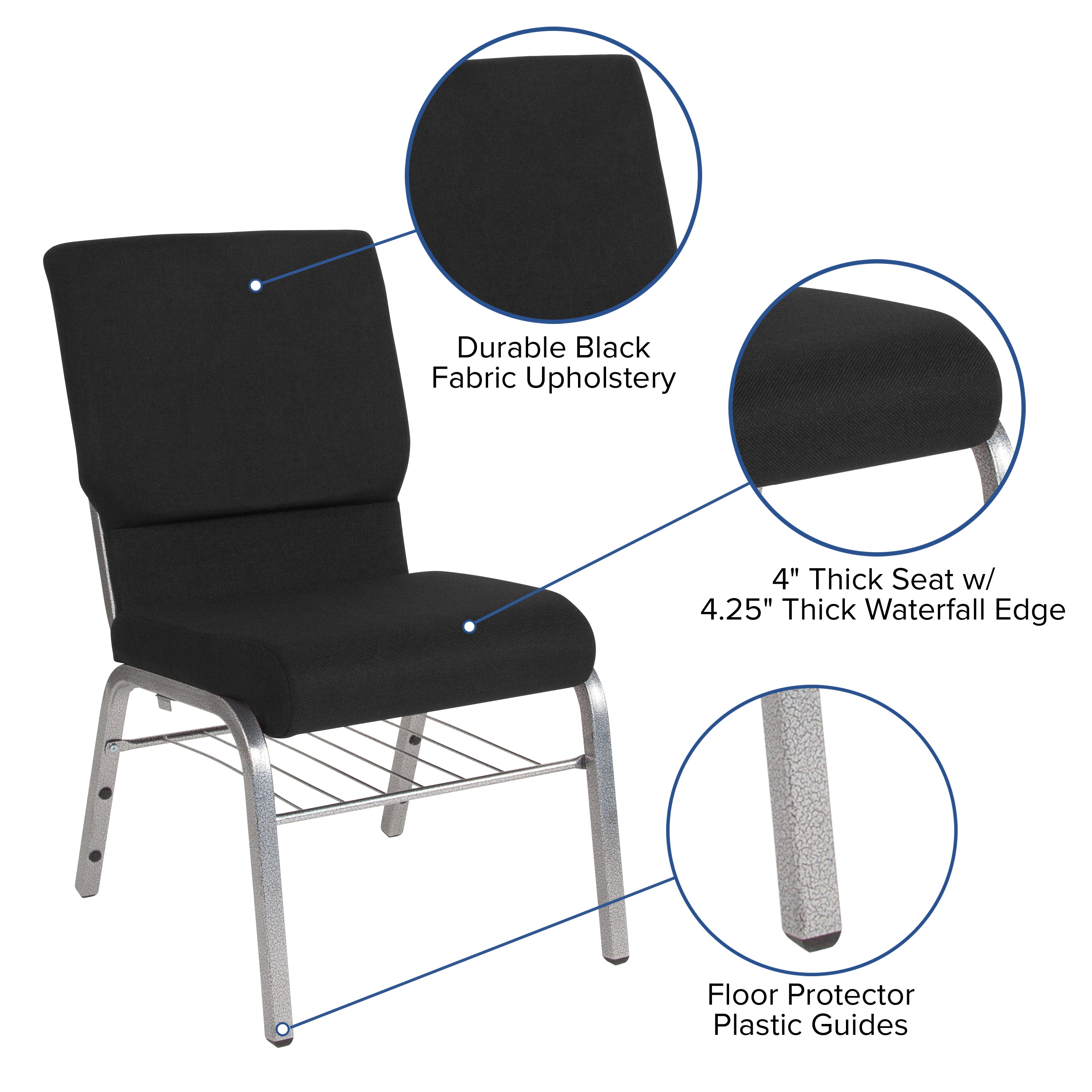 HERCULES Series 18.5''W Church Chair in Black Fabric with Book Rack - Silver Vein Frame