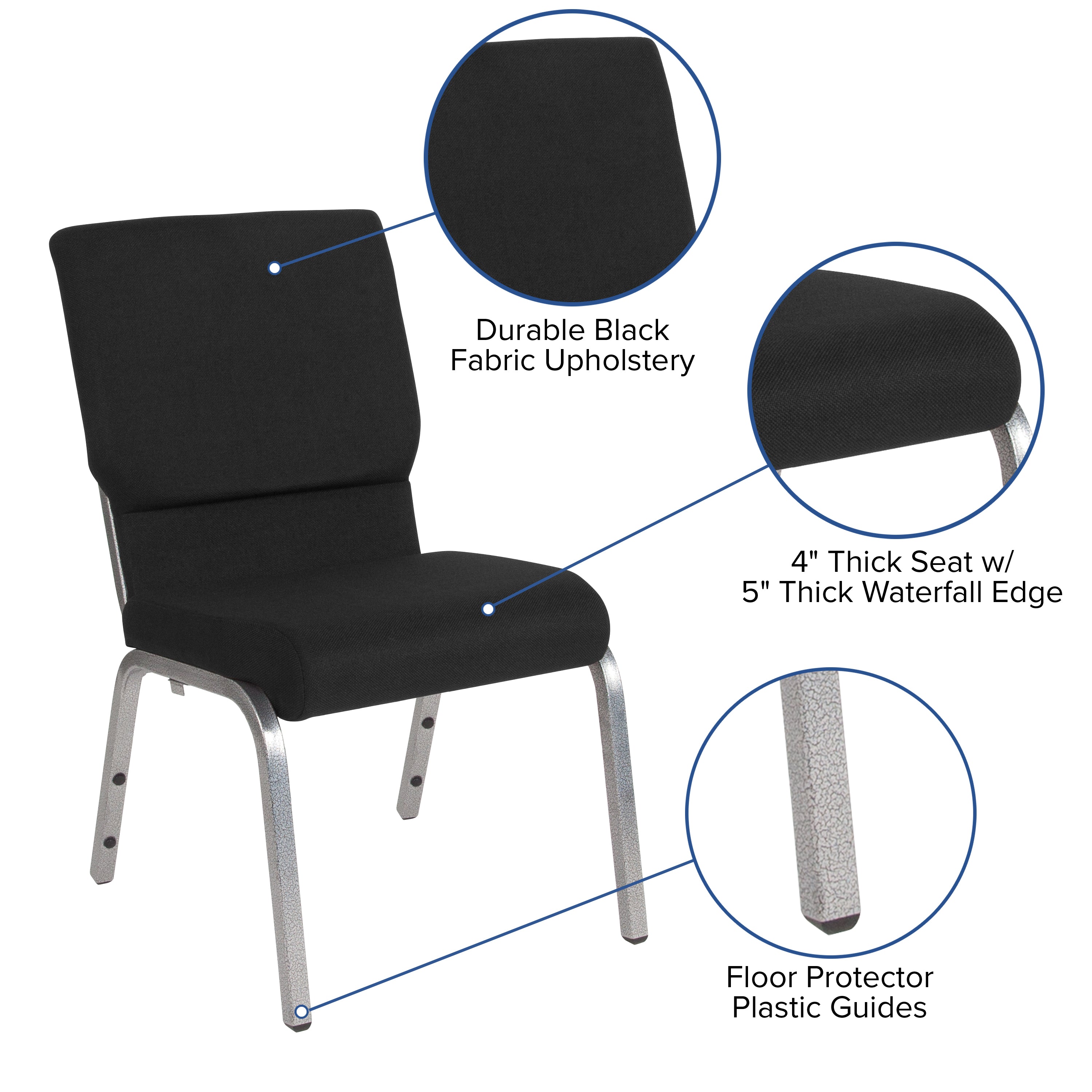 HERCULES Series 18.5''W Stacking Church Chair in Black Fabric - Silver Vein Frame