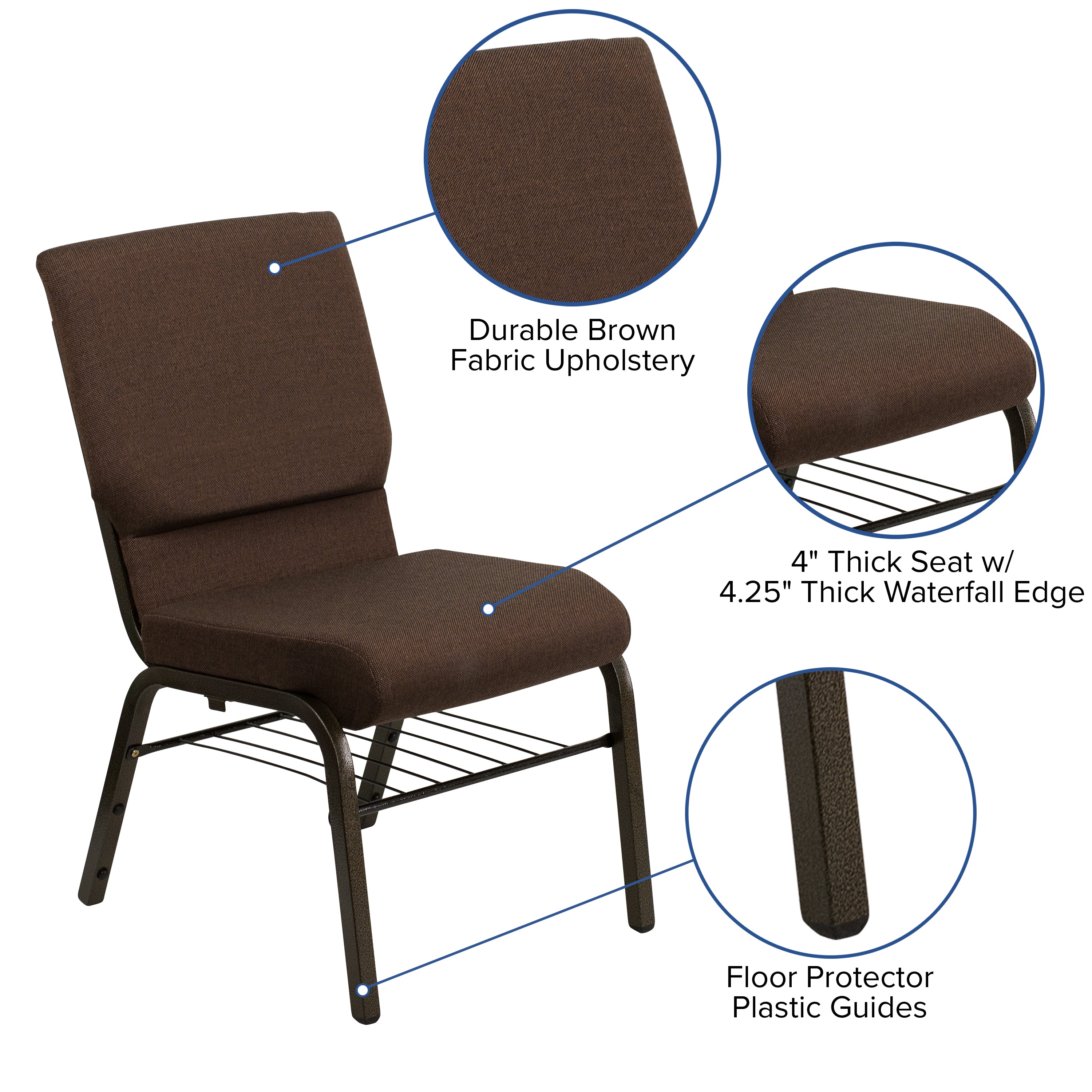 HERCULES Series 18.5''W Church Chair in Brown Fabric with Book Rack - Gold Vein Frame