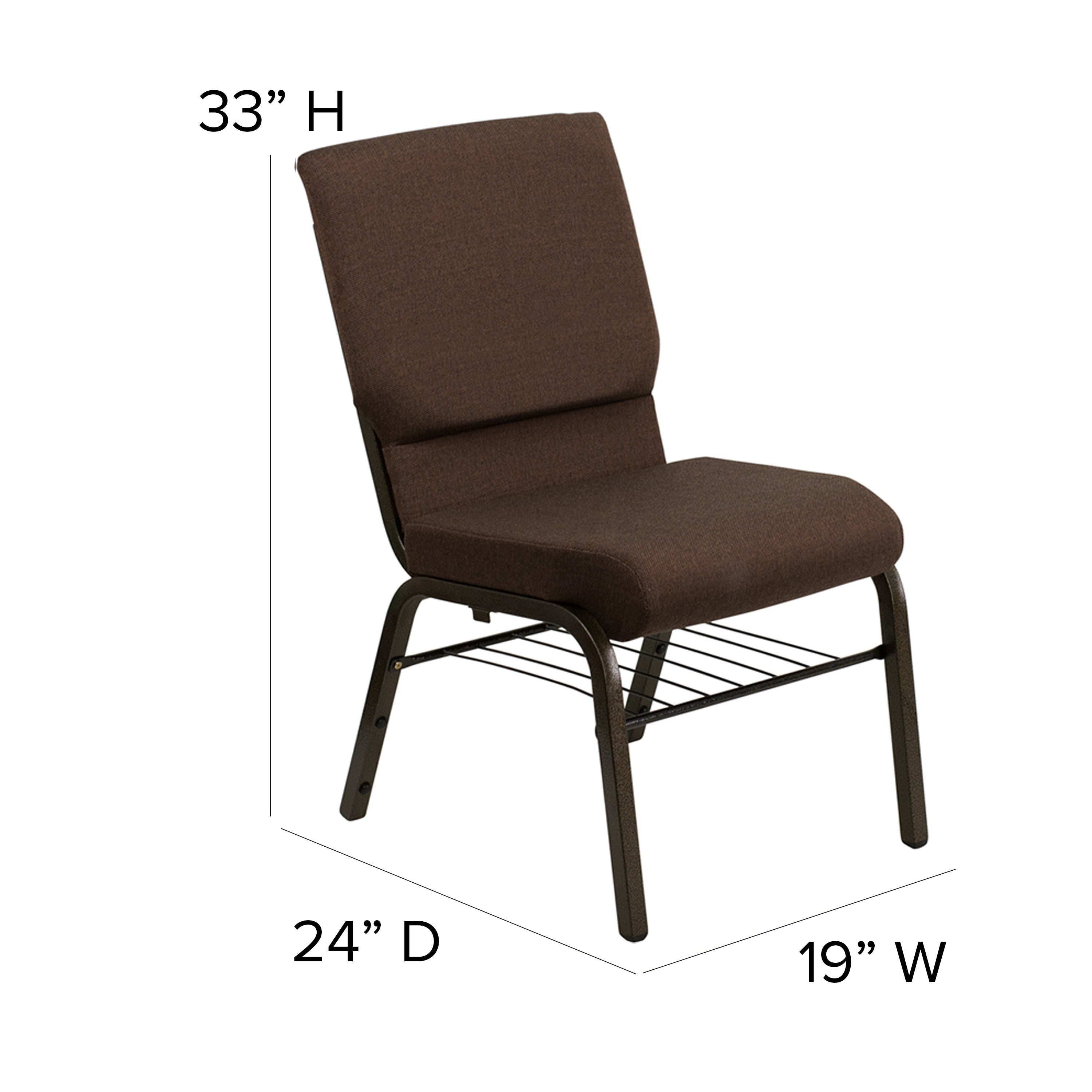 HERCULES Series 18.5''W Church Chair in Brown Fabric with Book Rack - Gold Vein Frame