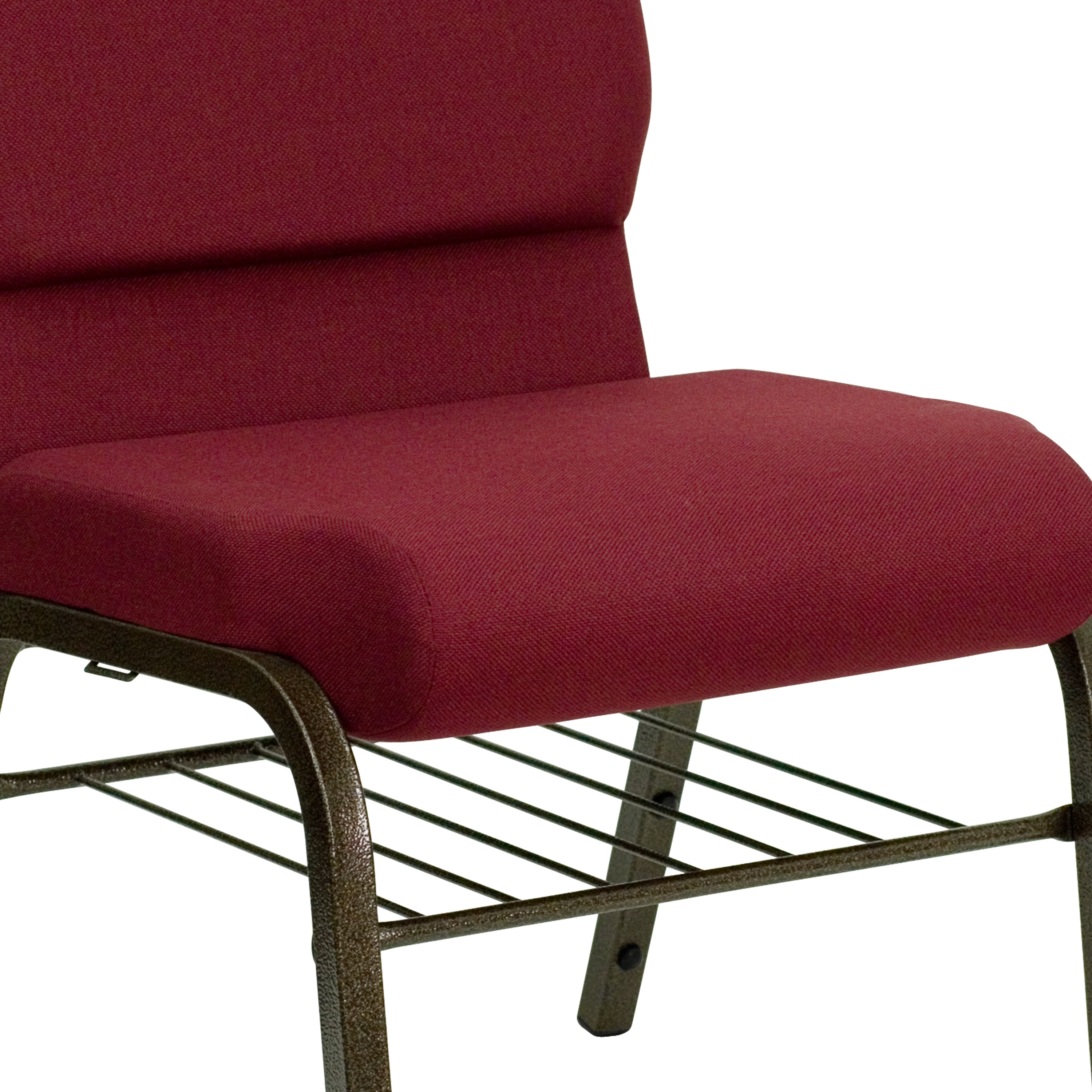 HERCULES Series 18.5''W Church Chair in Burgundy Fabric with Book Rack - Gold Vein Frame