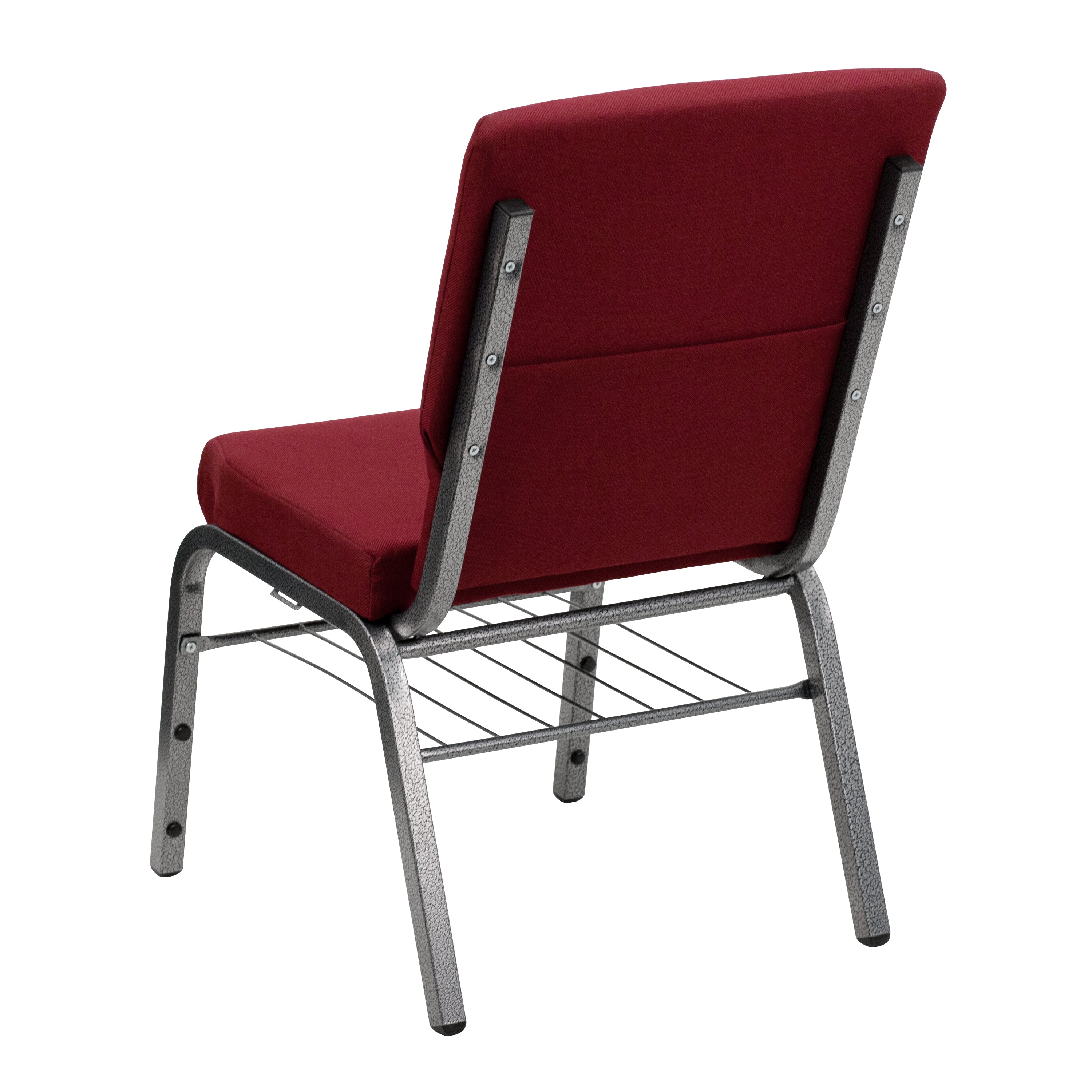 HERCULES Series 18.5''W Church Chair in Burgundy Fabric with Book Rack - Silver Vein Frame