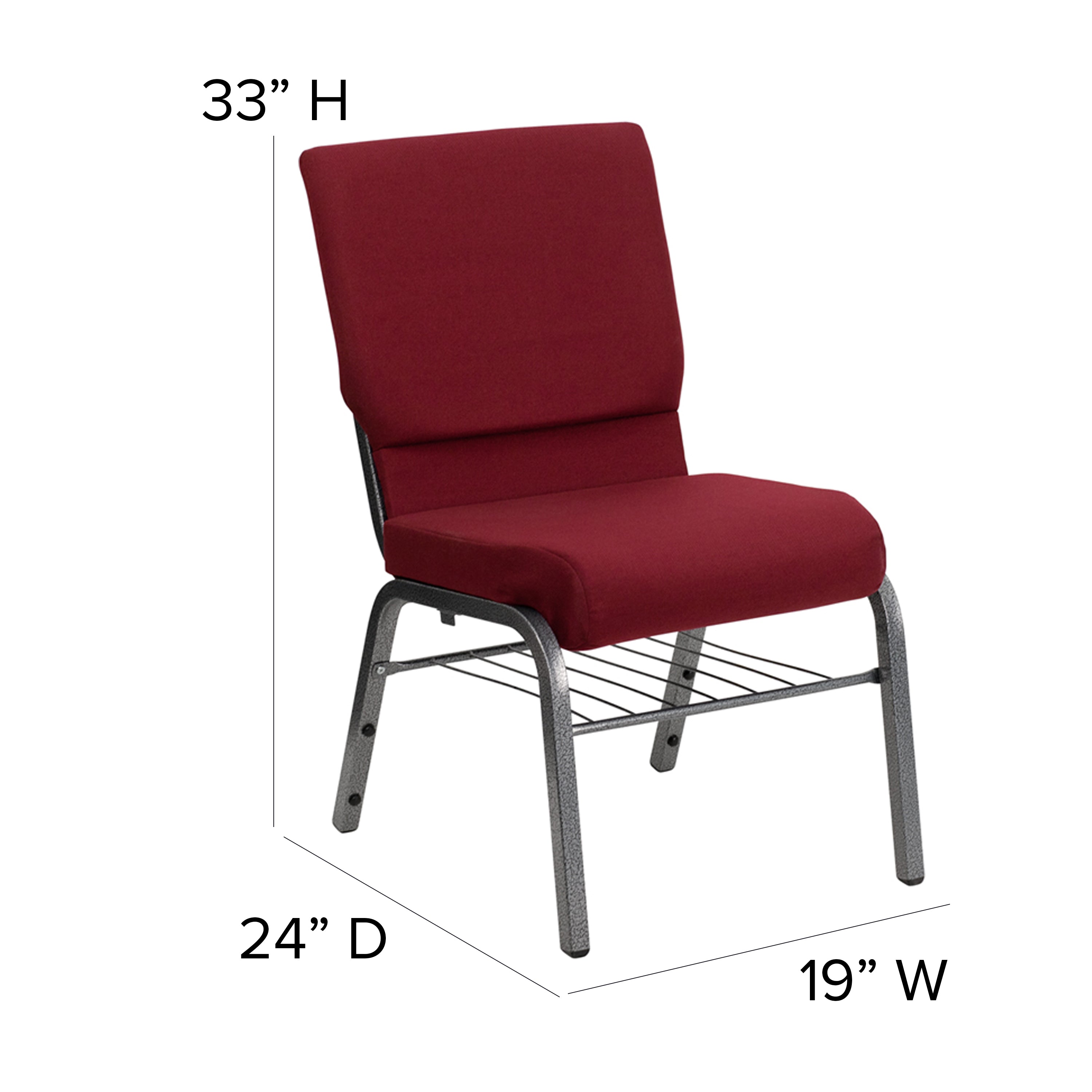 HERCULES Series 18.5''W Church Chair in Burgundy Fabric with Book Rack - Silver Vein Frame