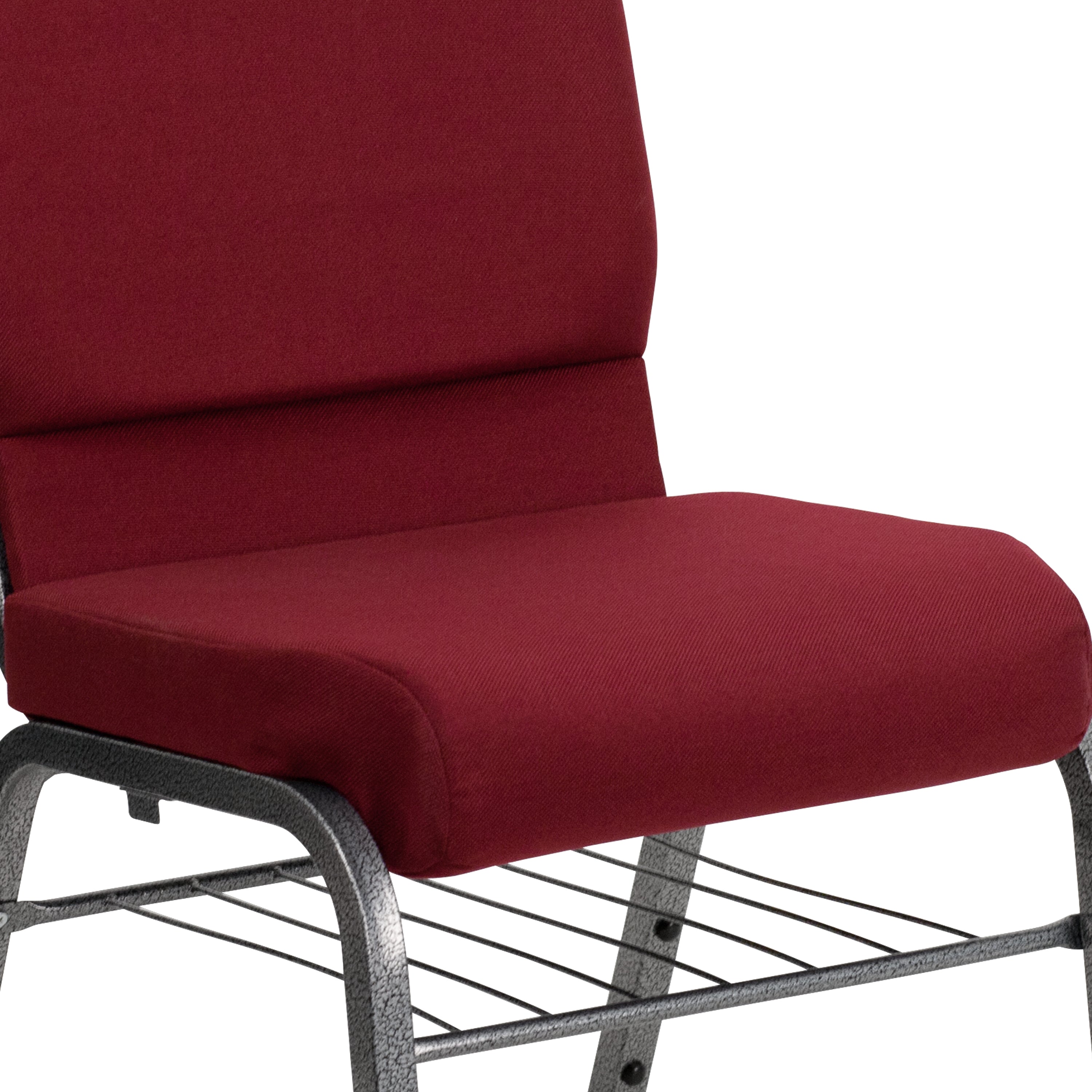 HERCULES Series 18.5''W Church Chair in Burgundy Fabric with Book Rack - Silver Vein Frame