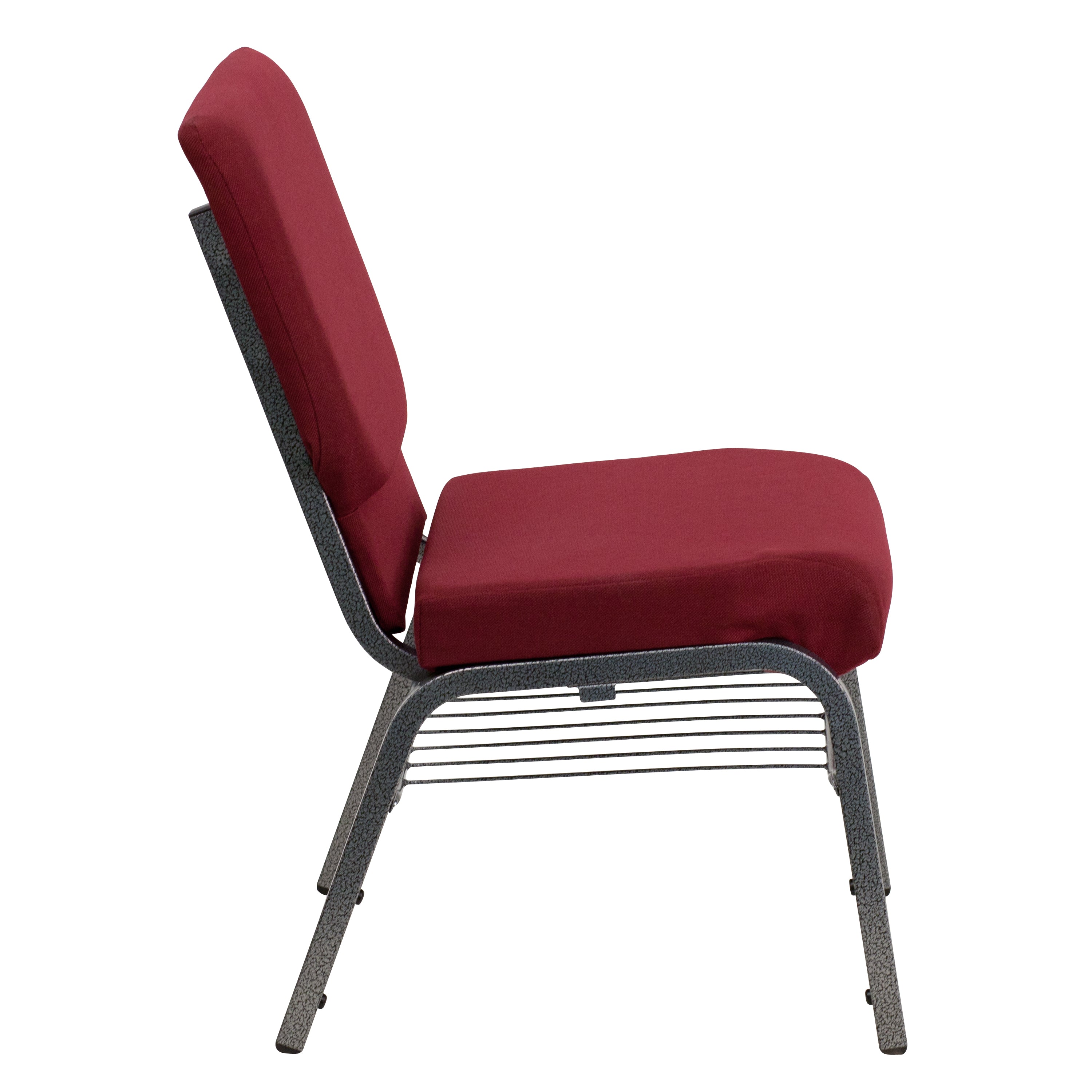 HERCULES Series 18.5''W Church Chair in Burgundy Fabric with Book Rack - Silver Vein Frame