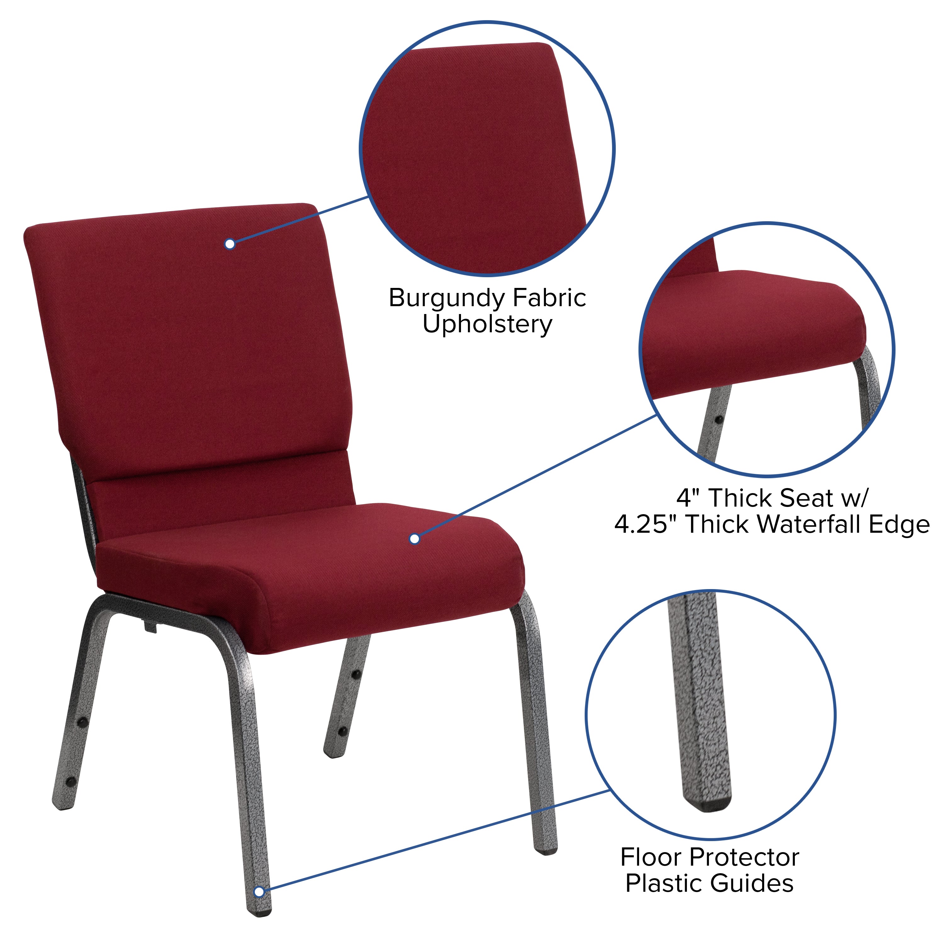 HERCULES Series 18.5''W Stacking Church Chair in Burgundy Fabric - Silver Vein Frame