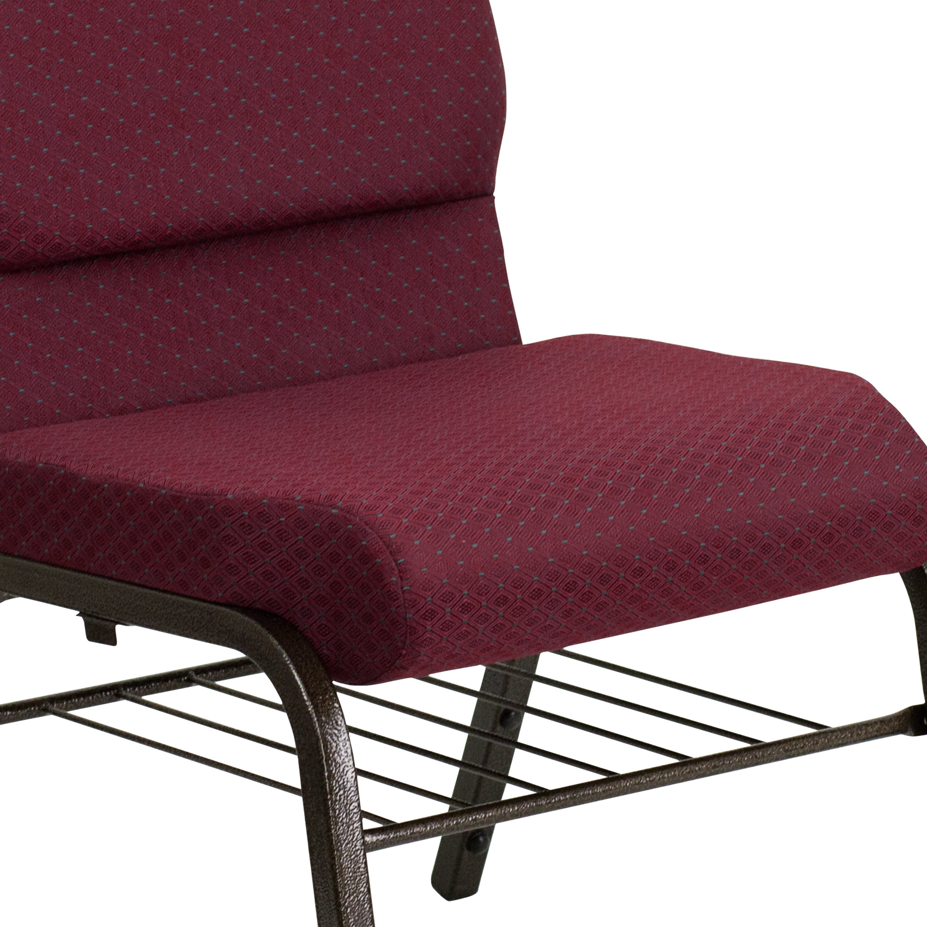 HERCULES Series 18.5''W Church Chair in Burgundy Patterned Fabric with Book Rack - Gold Vein Frame
