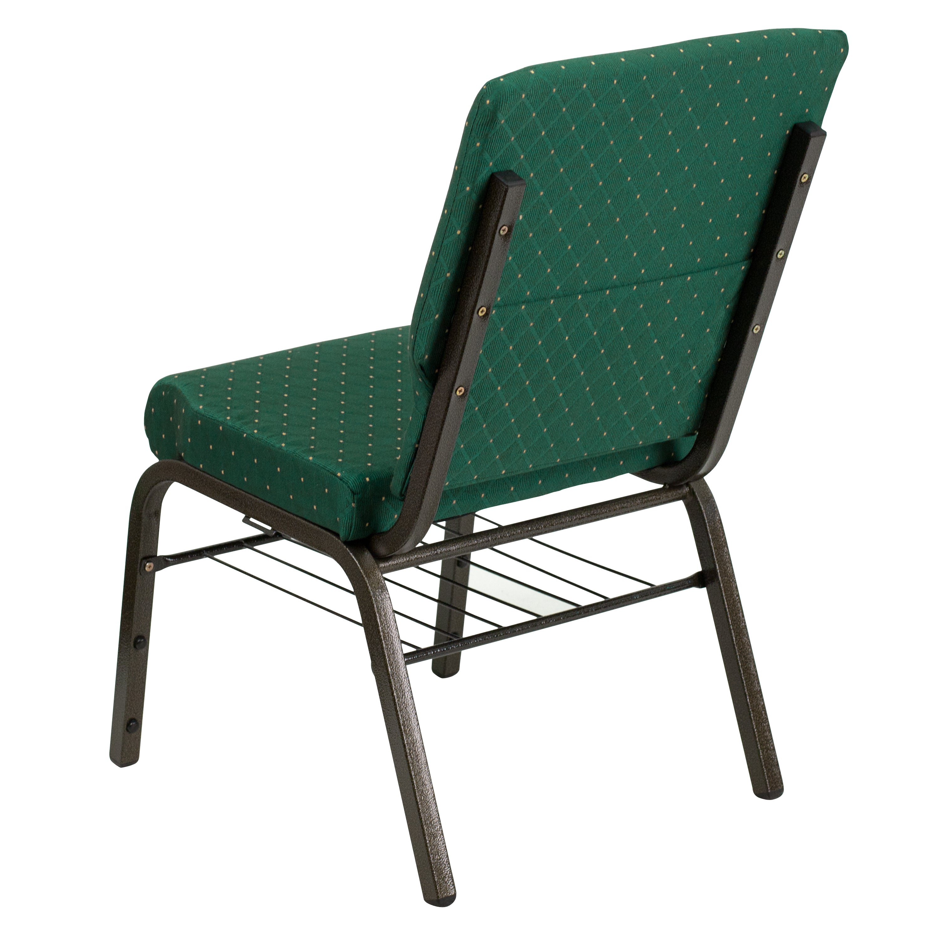 HERCULES Series 18.5''W Church Chair in Green Patterned Fabric with Book Rack - Gold Vein Frame