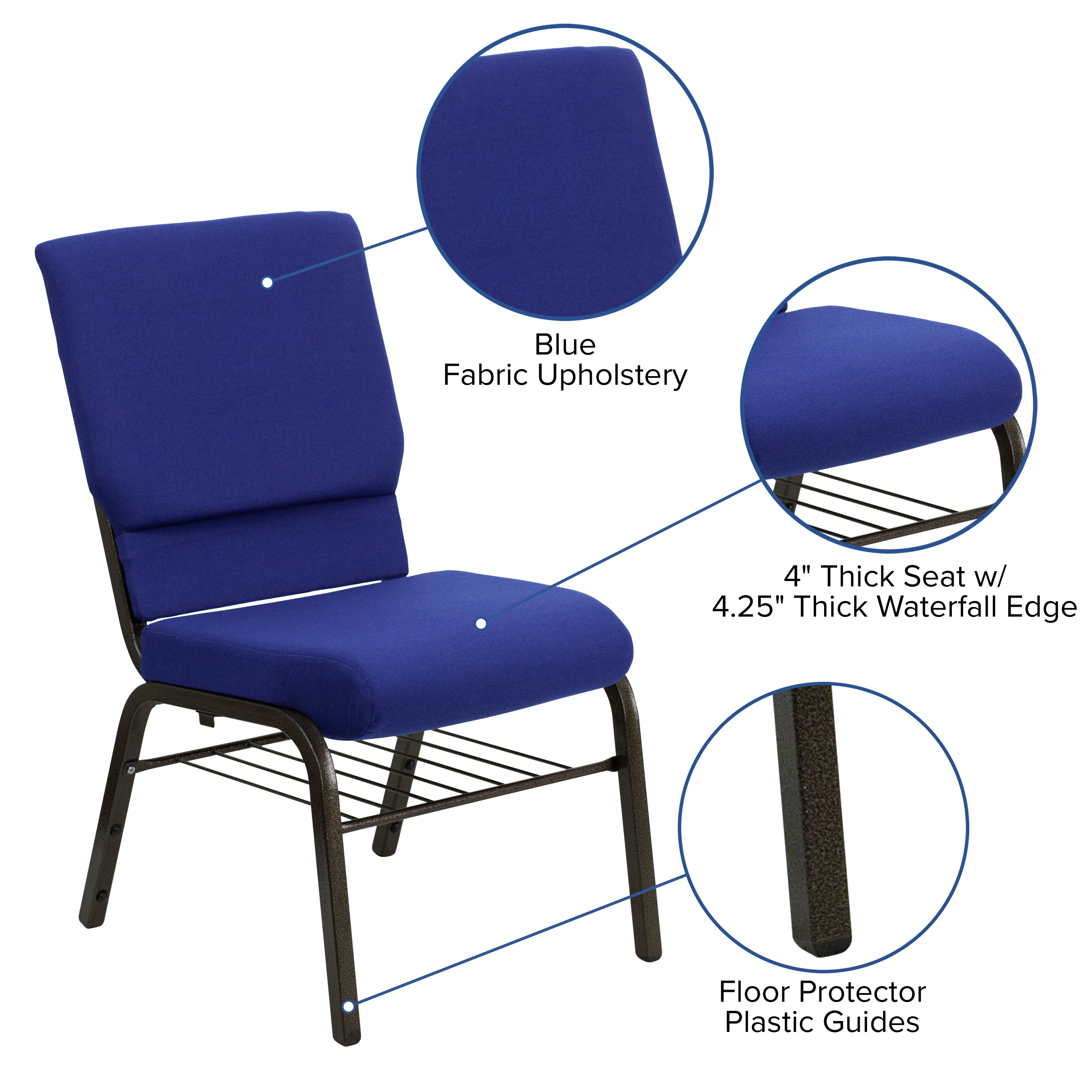 HERCULES Series 18.5''W Church Chair in Navy Blue Fabric with Book Rack - Gold Vein Frame