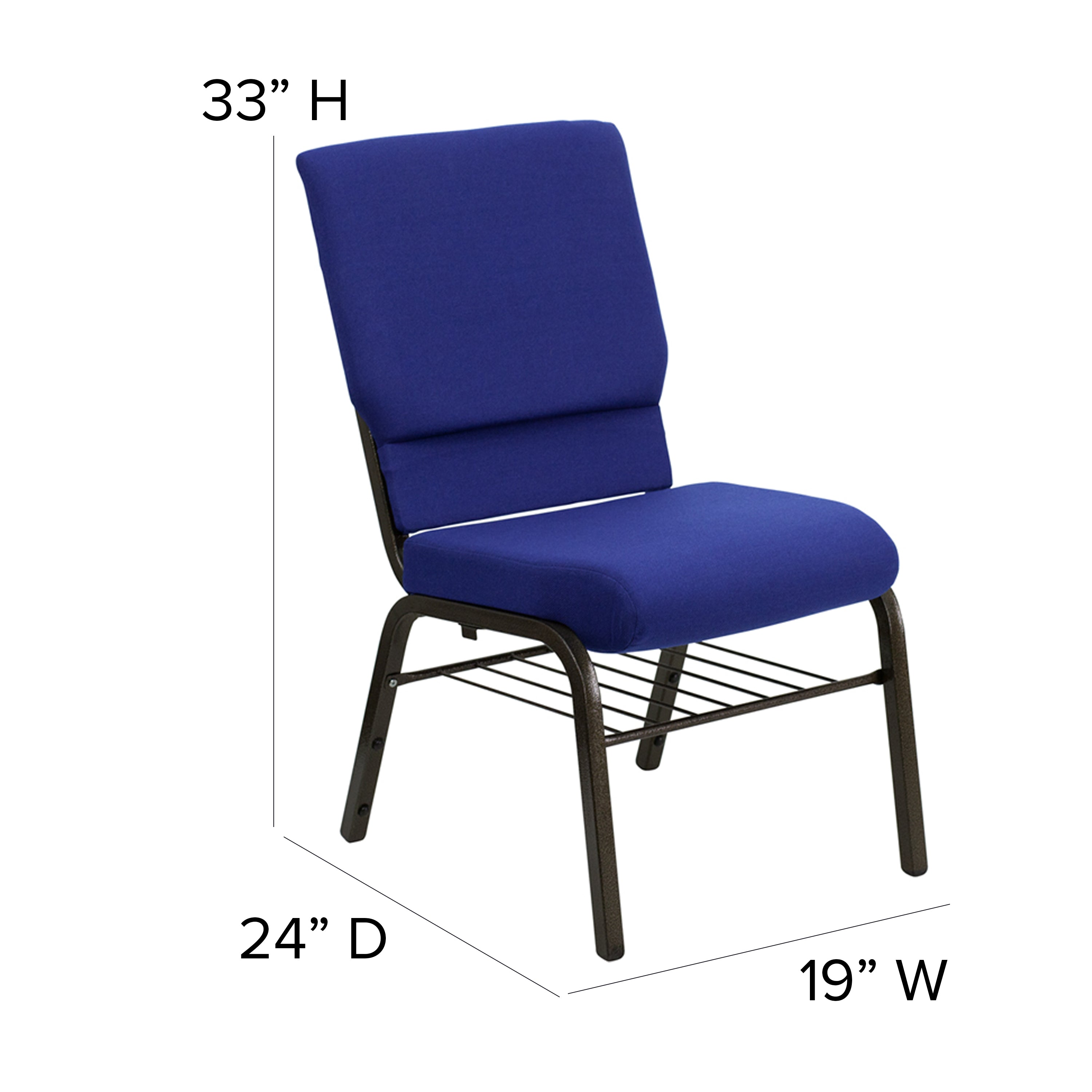HERCULES Series 18.5''W Church Chair in Navy Blue Fabric with Book Rack - Gold Vein Frame
