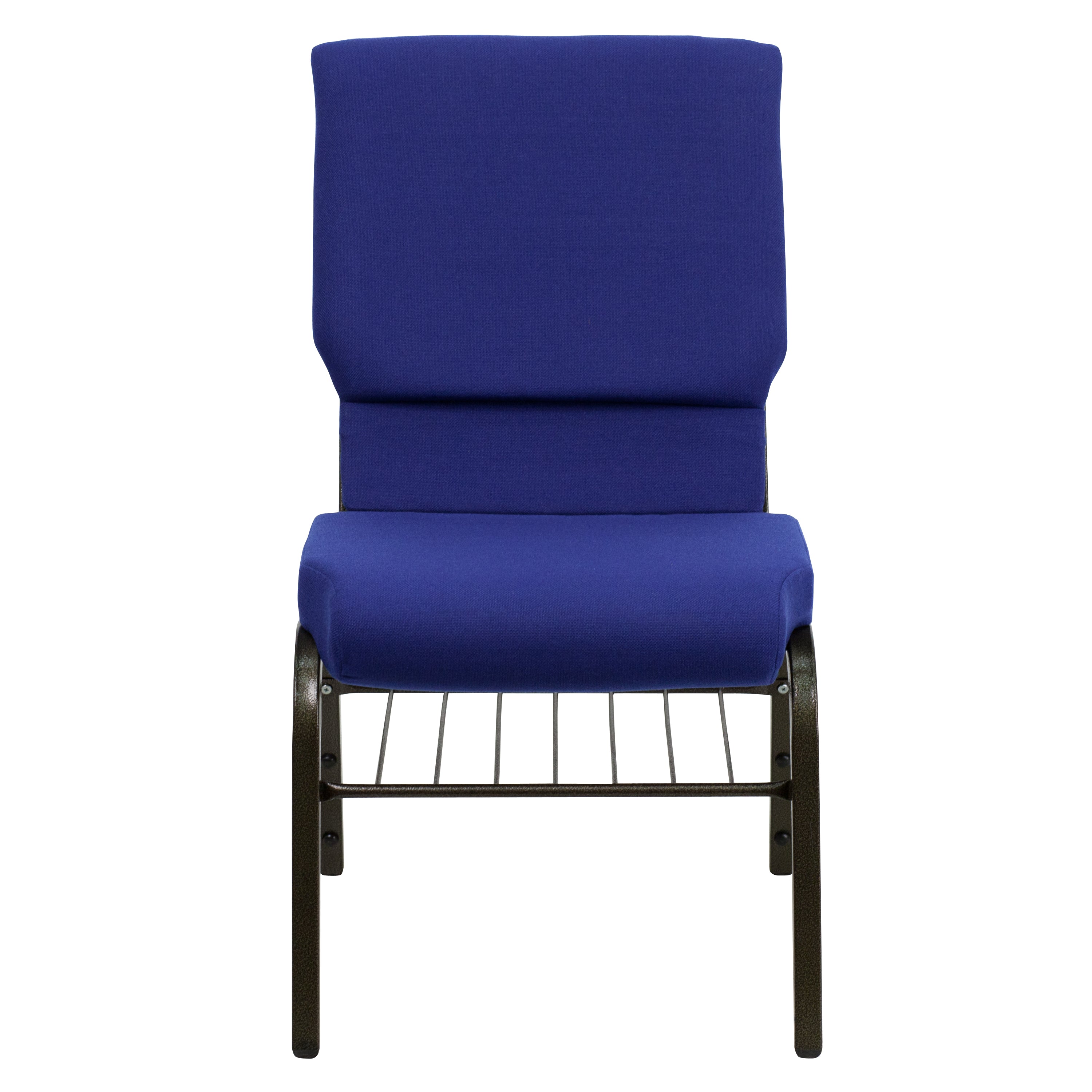 HERCULES Series 18.5''W Church Chair in Navy Blue Fabric with Book Rack - Gold Vein Frame