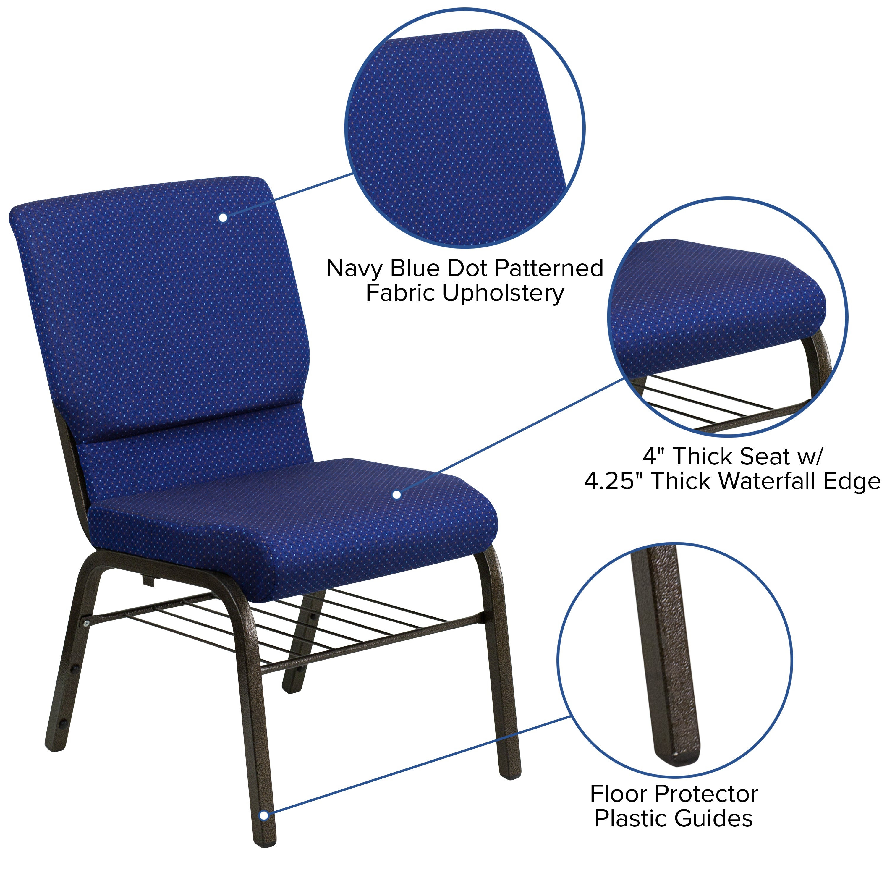 HERCULES Series 18.5''W Church Chair in Navy Blue Patterned Fabric with Book Rack - Gold Vein Frame