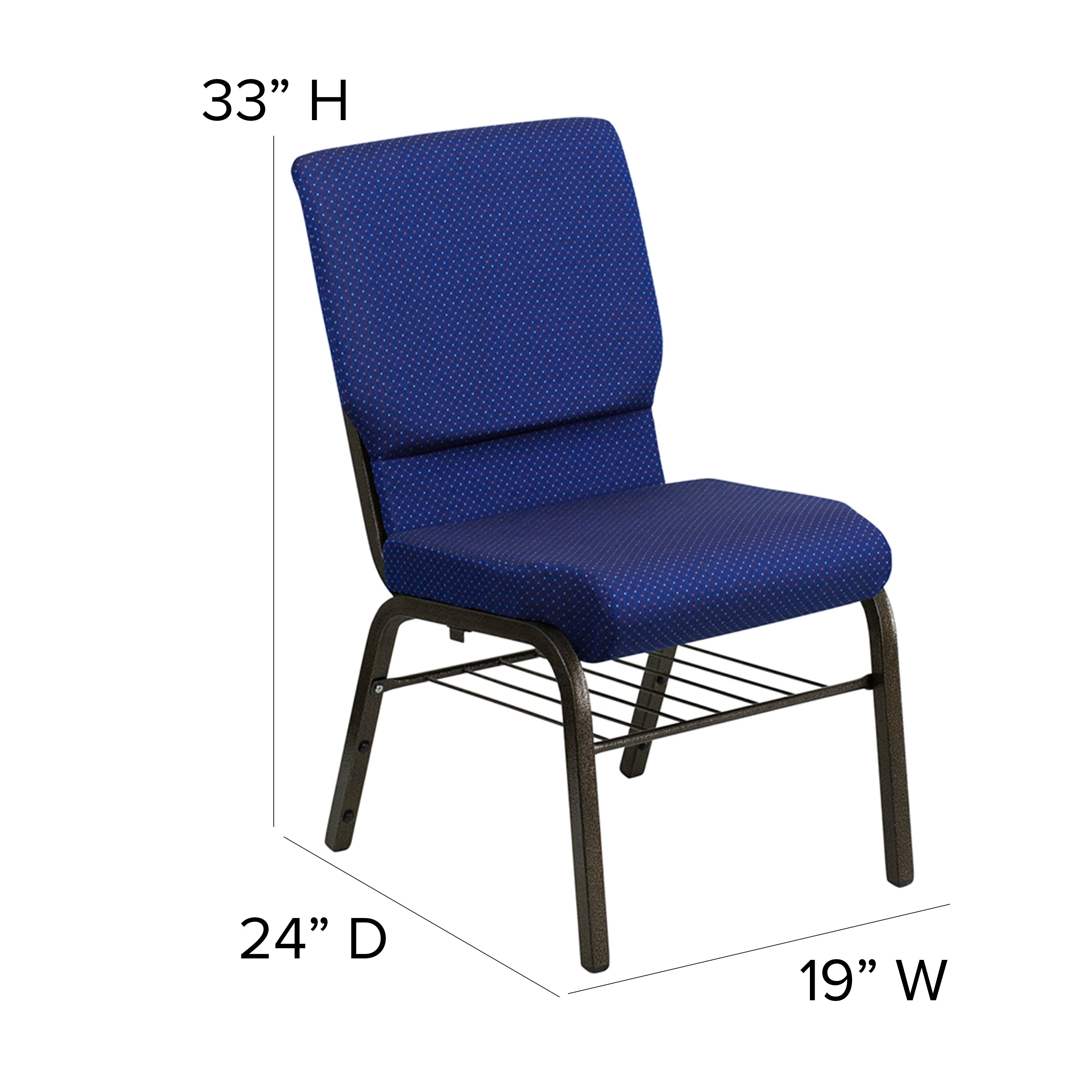 HERCULES Series 18.5''W Church Chair in Navy Blue Patterned Fabric with Book Rack - Gold Vein Frame