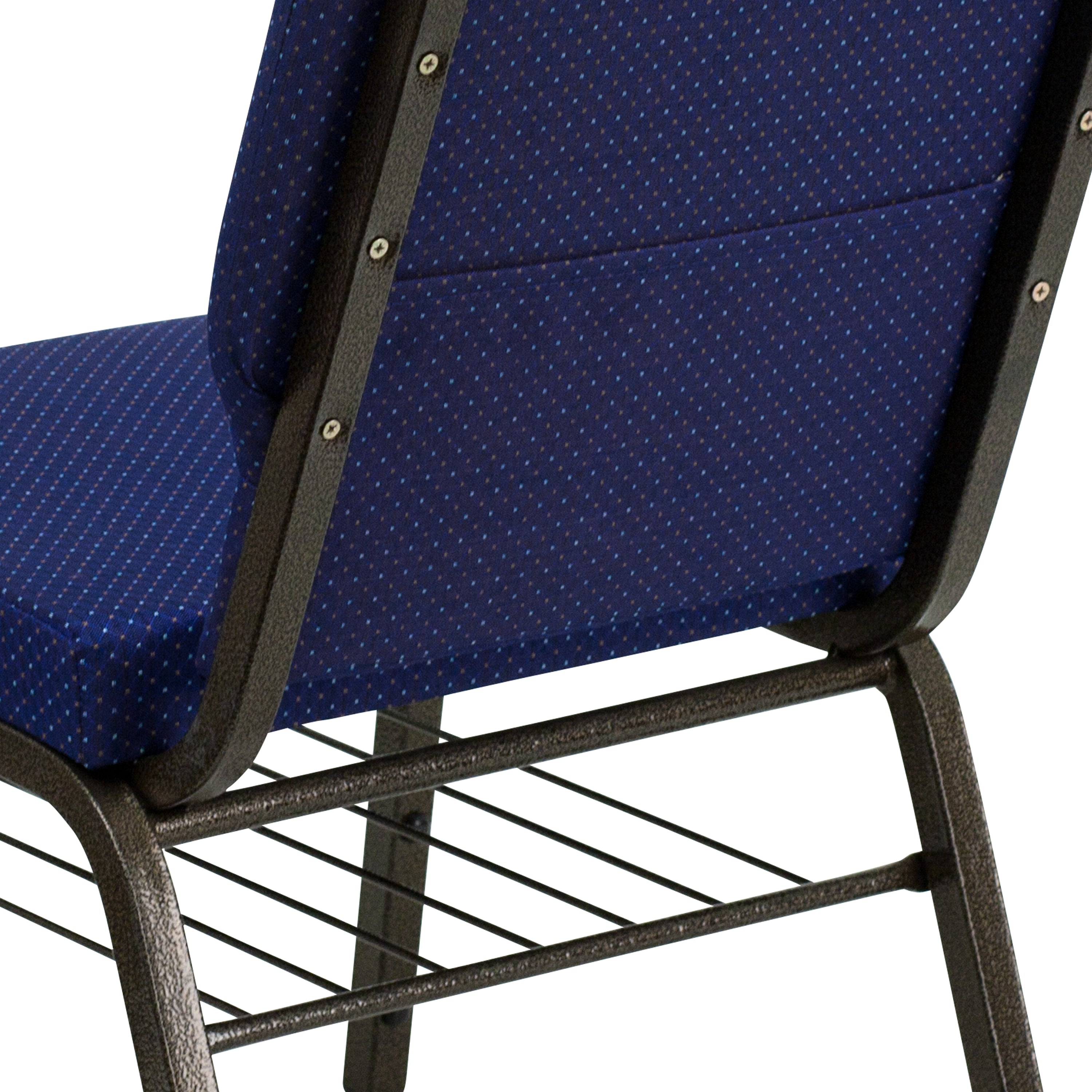 HERCULES Series 18.5''W Church Chair in Navy Blue Patterned Fabric with Book Rack - Gold Vein Frame