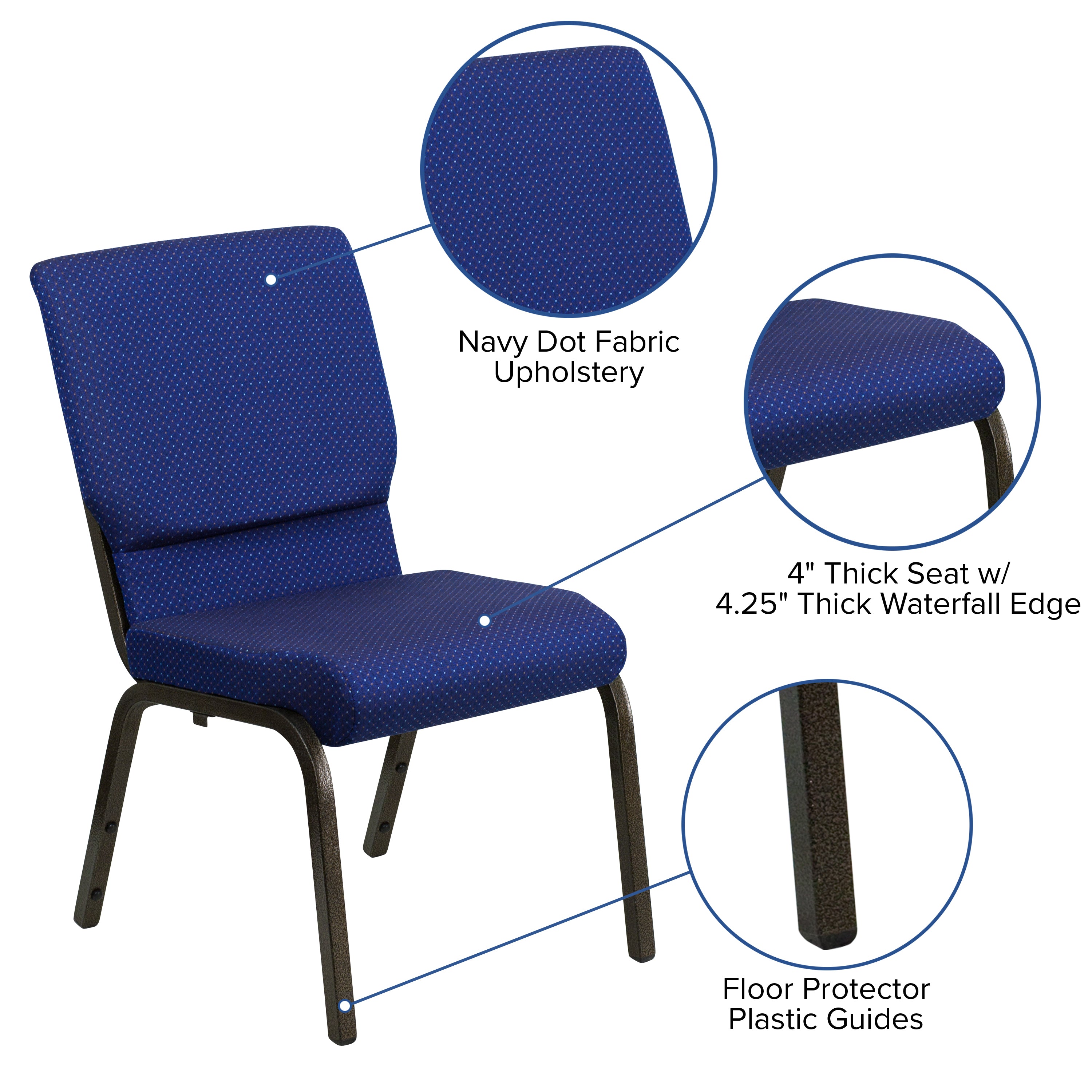 HERCULES Series 18.5''W Stacking Church Chair in Navy Blue Patterned Fabric - Gold Vein Frame