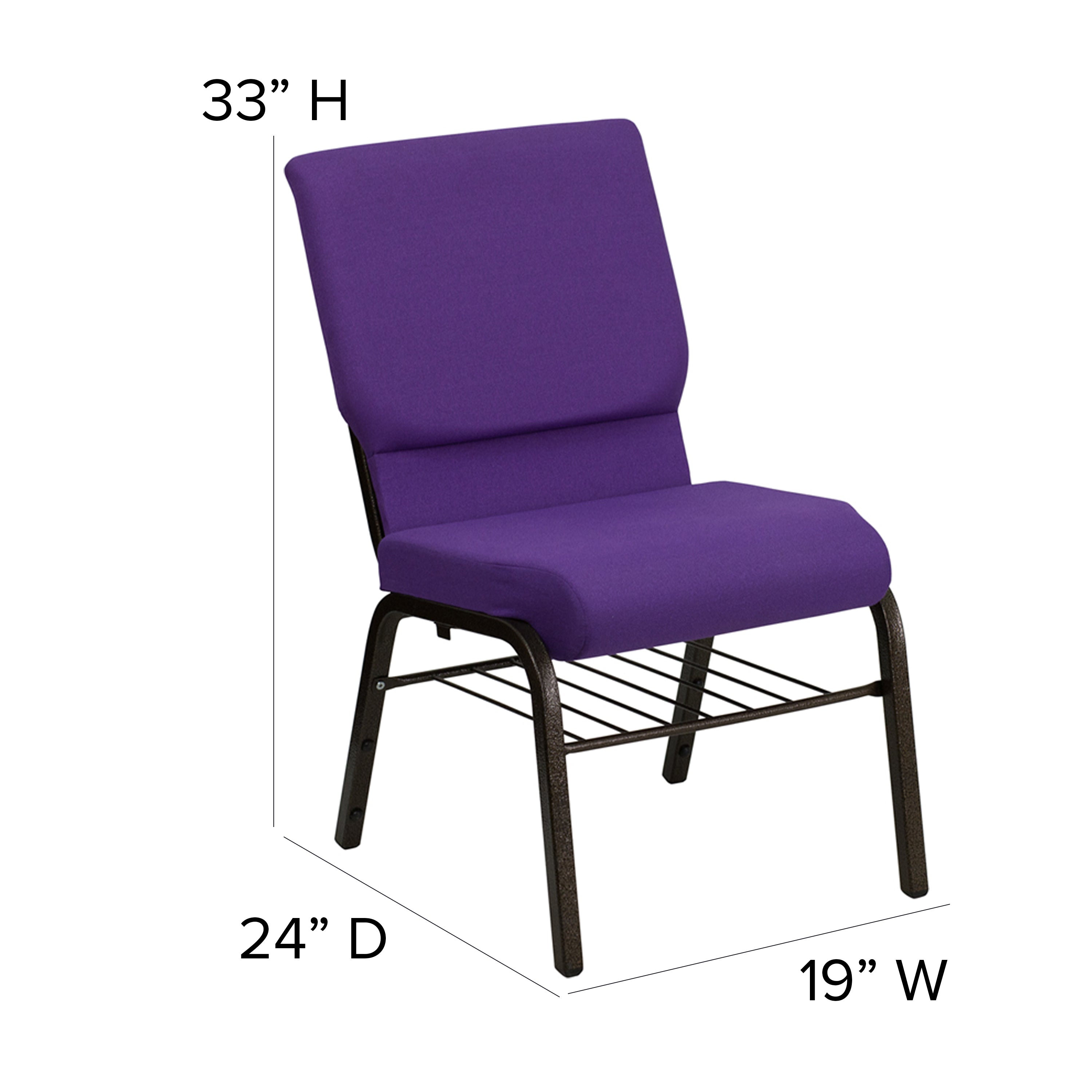 HERCULES Series 18.5''W Church Chair in Purple Fabric with Book Rack - Gold Vein Frame