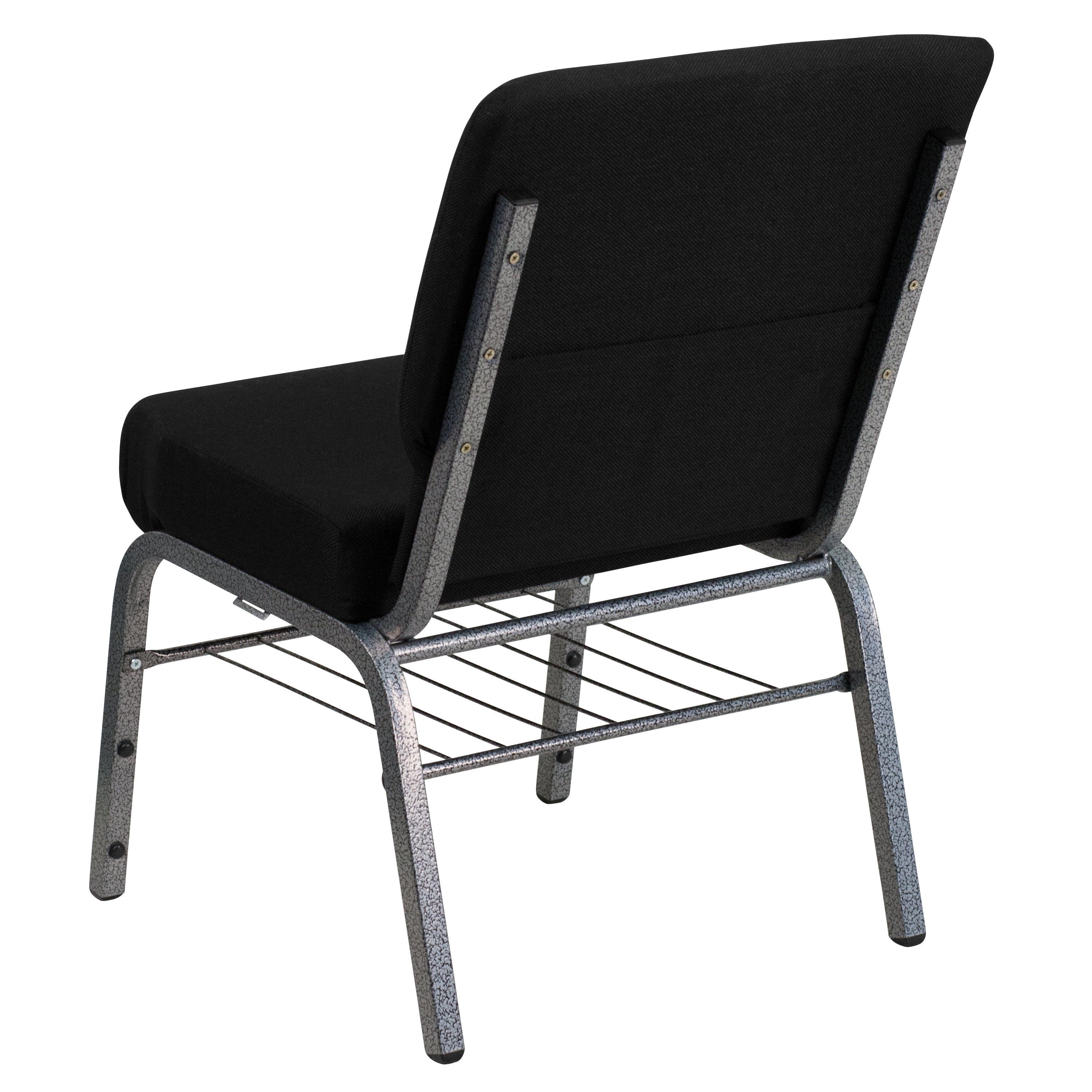 HERCULES Series 21''W Church Chair in Black Fabric with Book Rack - Silver Vein Frame