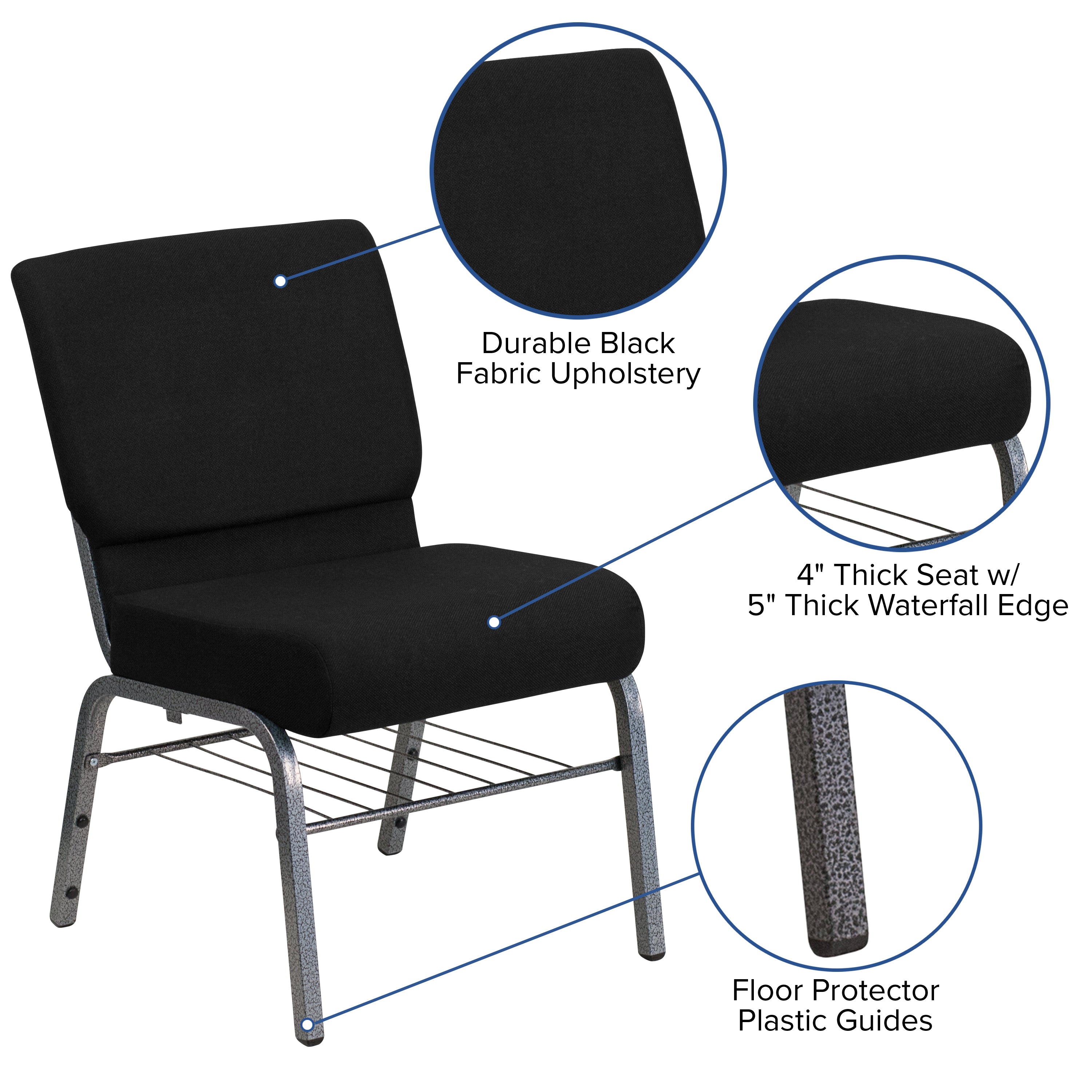 HERCULES Series 21''W Church Chair in Black Fabric with Book Rack - Silver Vein Frame